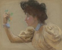 Max Pietschmann. Frau im Profil nach links mit einer Blume in der Hand. 1896