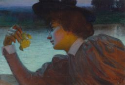 Max Pietschmann. Frau im Profil nach links mit einer Blume in der Hand. 1897