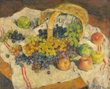 Mela Muter. Stillleben mit Korb, Weintrauben und Äpfeln.