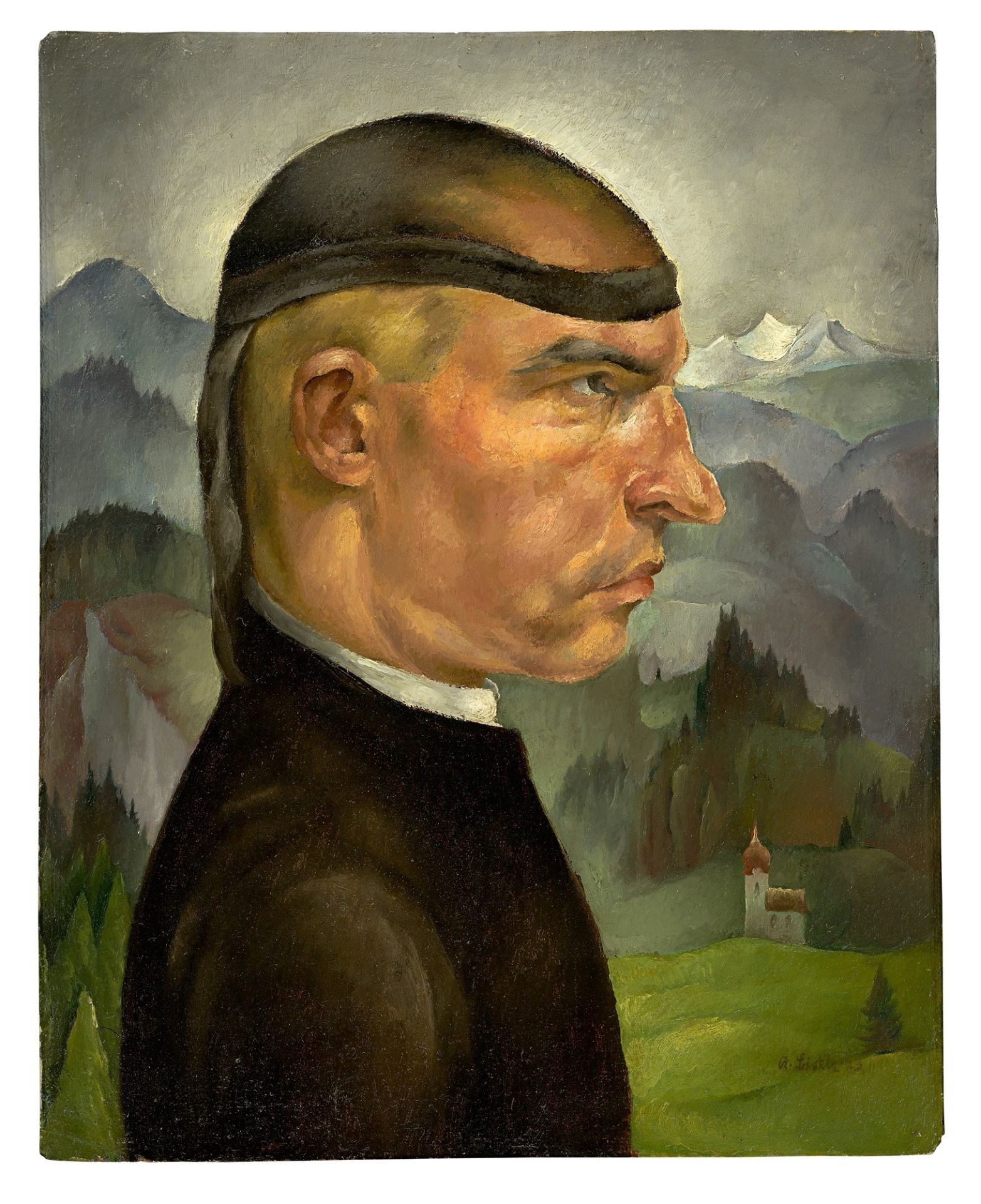 Albert Birkle. Selbstbildnis mit der Frisierhaube. 1923