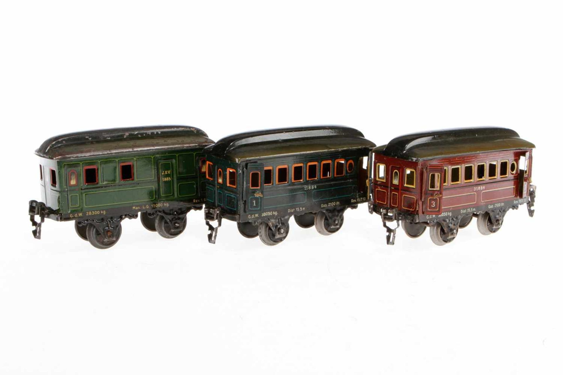 2 Märklin Personen- und 1 Gepäckwagen 1884/1885, S 0, CL, LS, L 13, bespielt