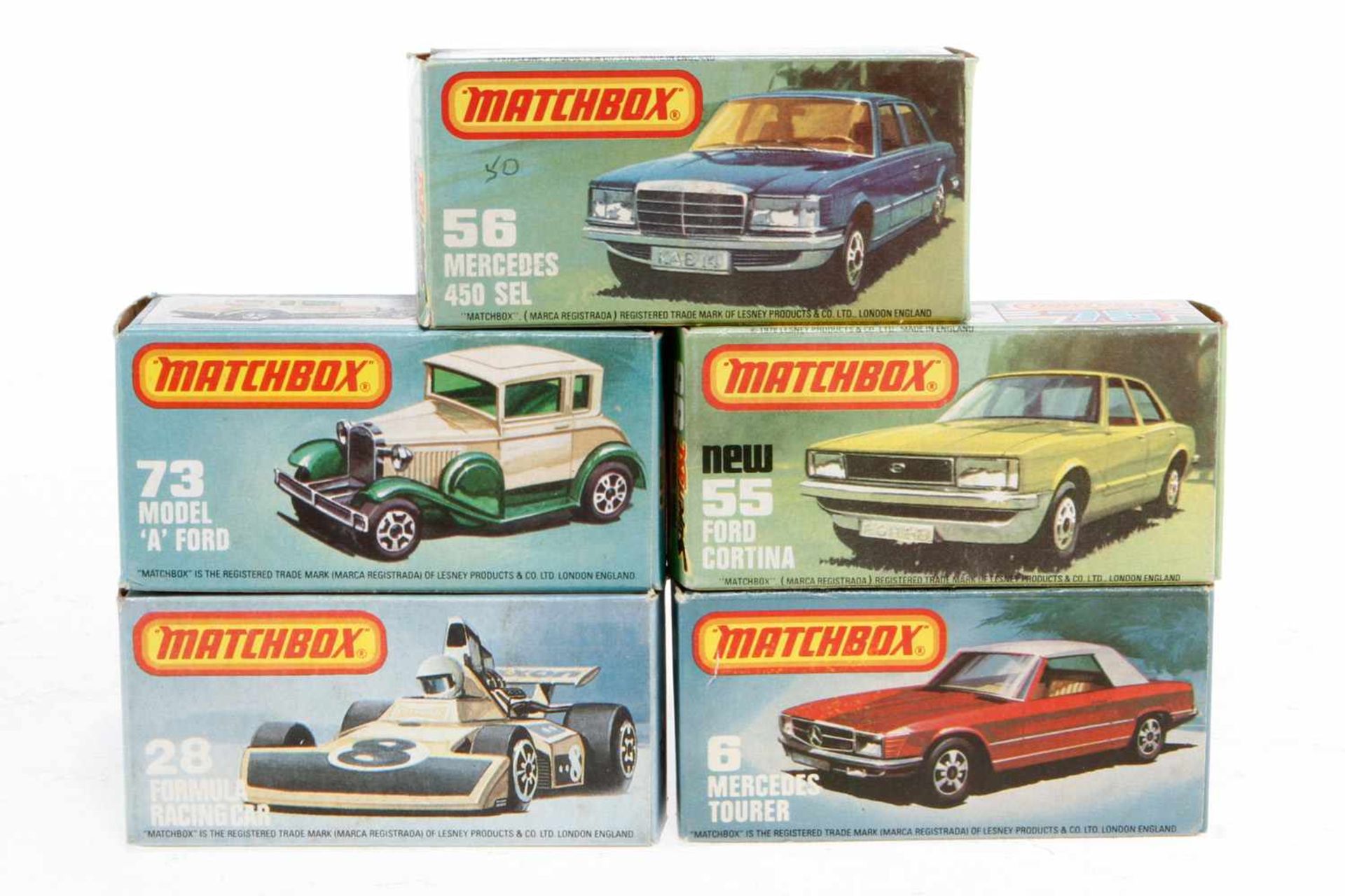 5 Matchbox Modelle 6, 28, 55, 56 und 73, Alterungsspuren, je im OK, Z 2