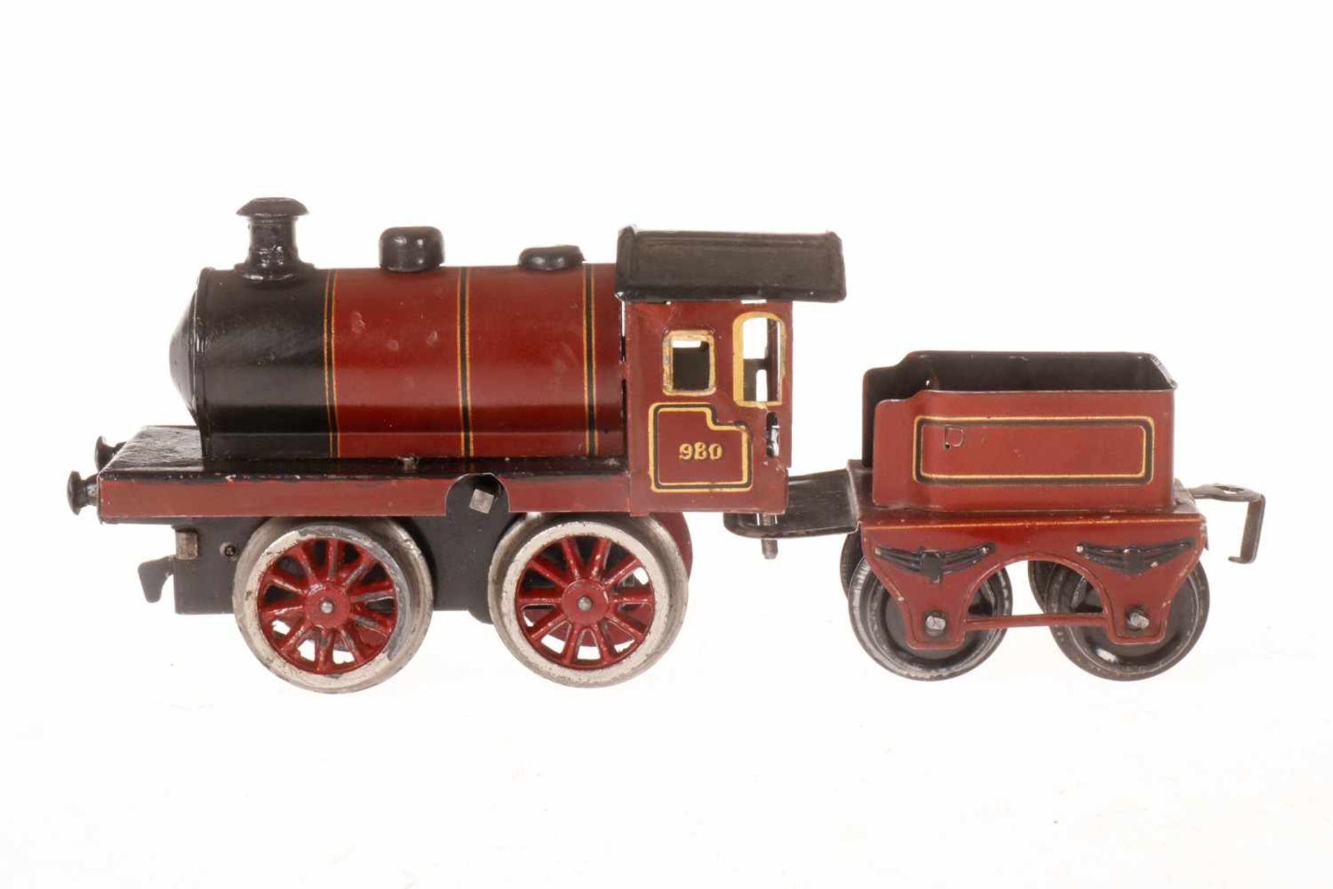 Märklin engl. B-Dampflok 980 LMS, S 0, Uhrwerk intakt, rot/schwarz, mit Tender, tw nachlackiert,