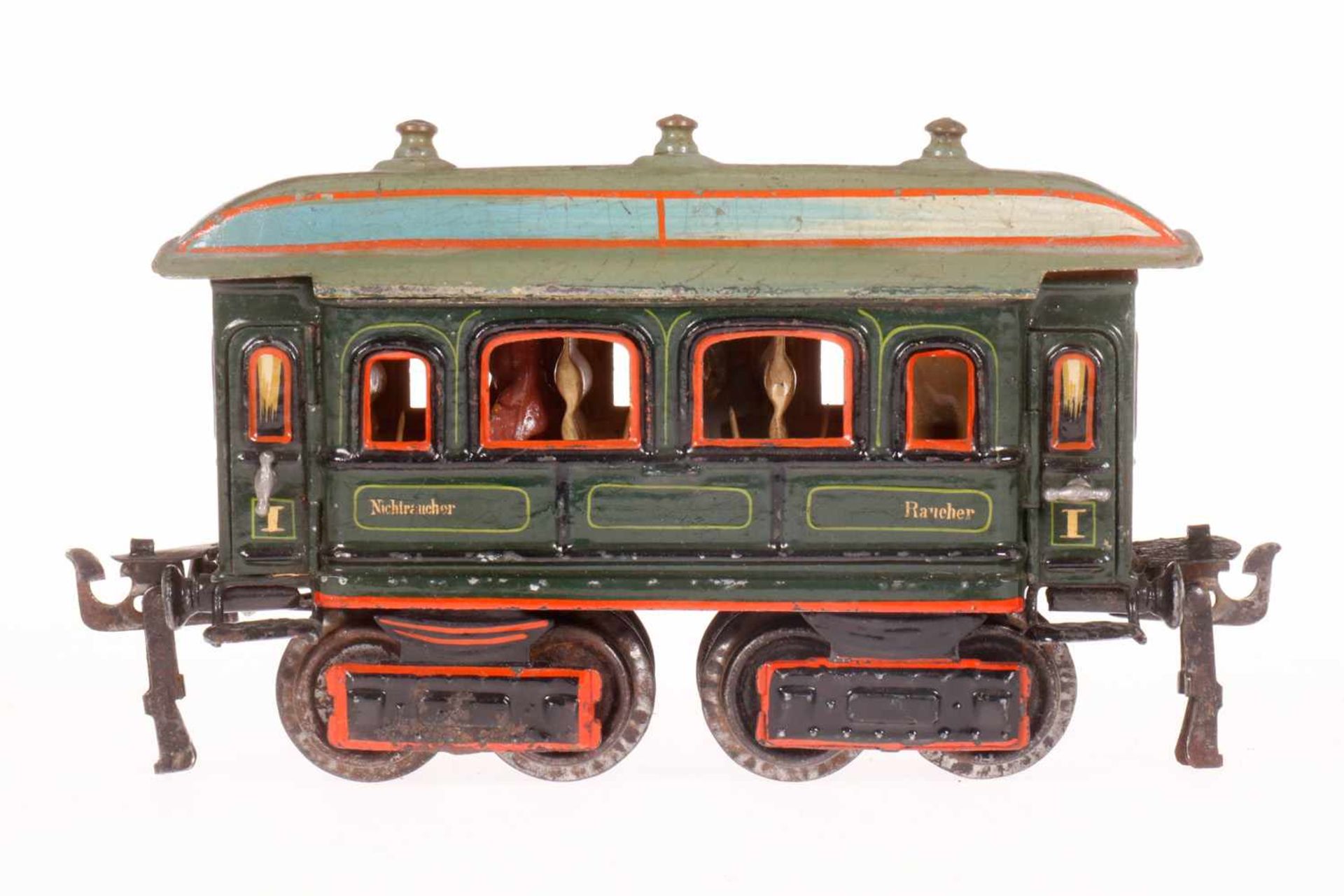 Märklin Personenwagen 1841, S 0, uralt, grün HL, mit Inneneinrichtung und 4 AT, LS und gealterter