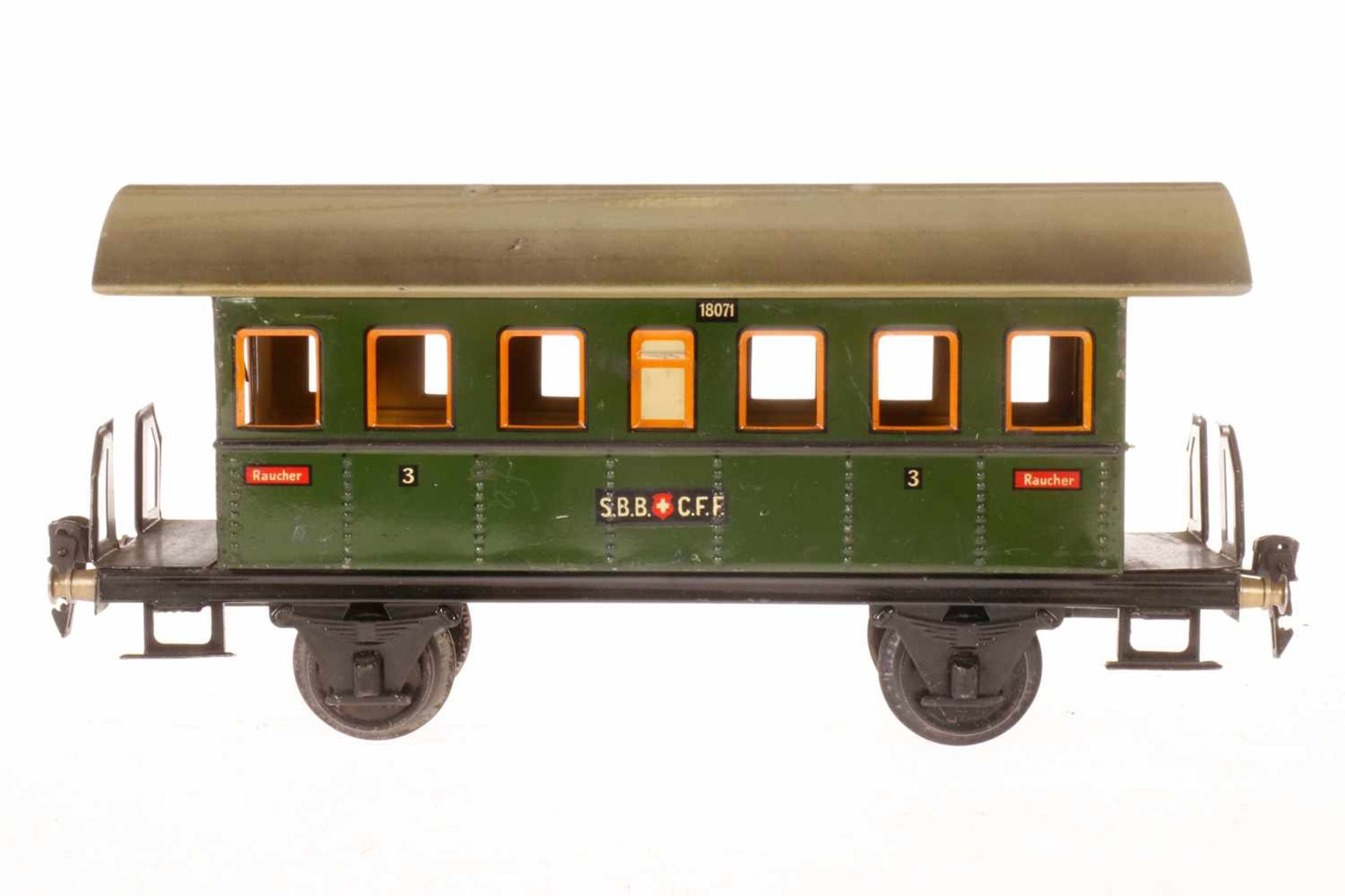 Märklin schweizer Personenwagen 1807, S 1, CL, mit 2 AT, LS und gealterter Lack, L 27, Z 2-3