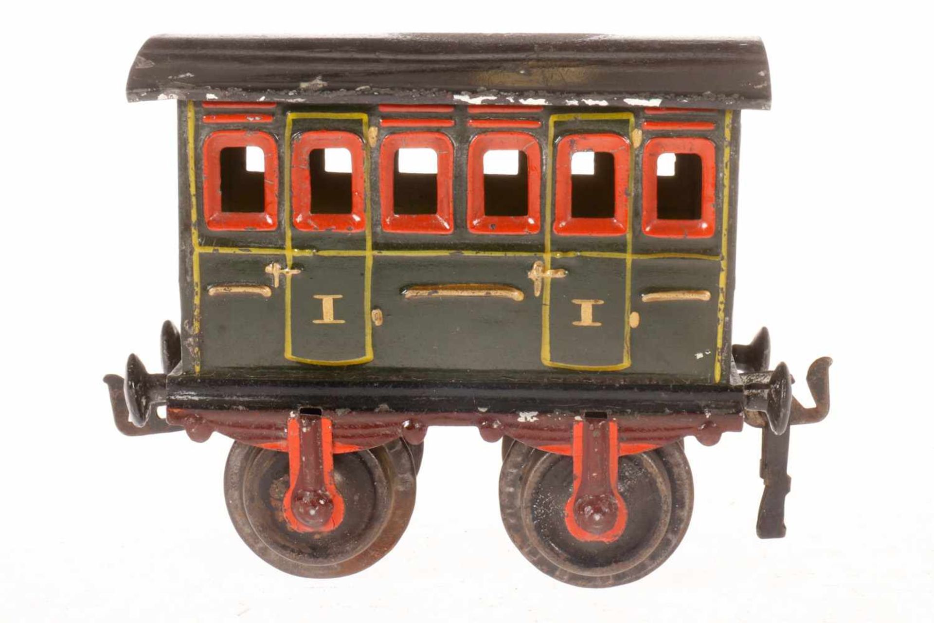 Märklin Abteilwagen 1855, S 1, uralt, grün HL, 1 Kupplungsbügel fehlt, Dach mit Brandspuren, LS