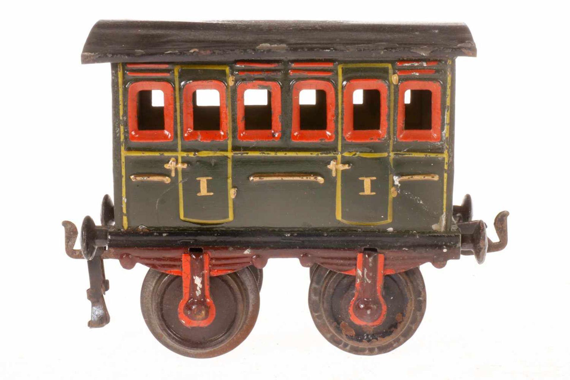 Märklin Abteilwagen 1855, S 1, uralt, grün HL, 1 Kupplungsbügel fehlt, Dach mit Brandspuren, LS