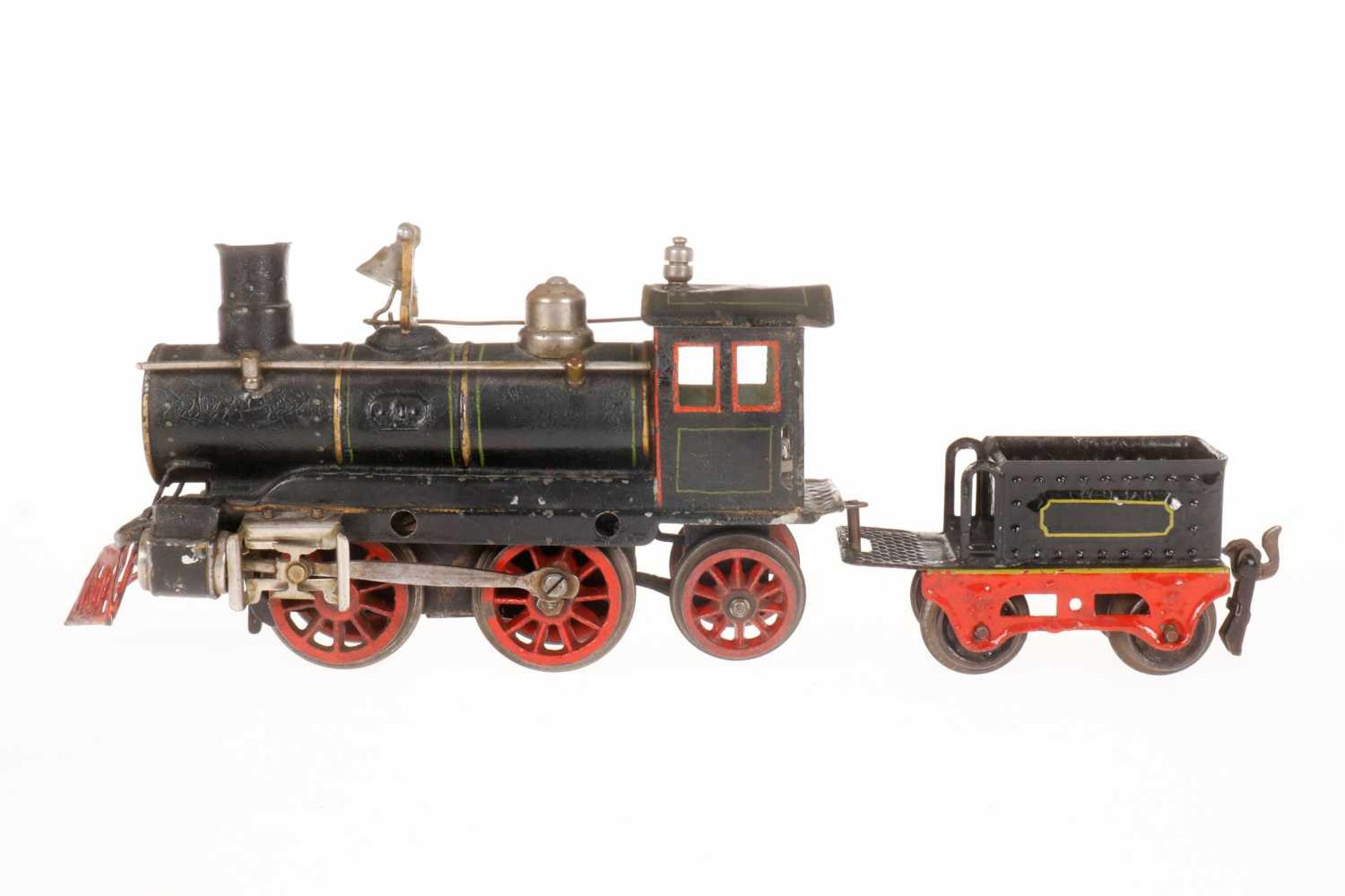 Märklin amerik. B-1 Dampflok AD 1020, S 0, uralt, Uhrwerk intakt, schwarz, mit Tender, Bremse, v+