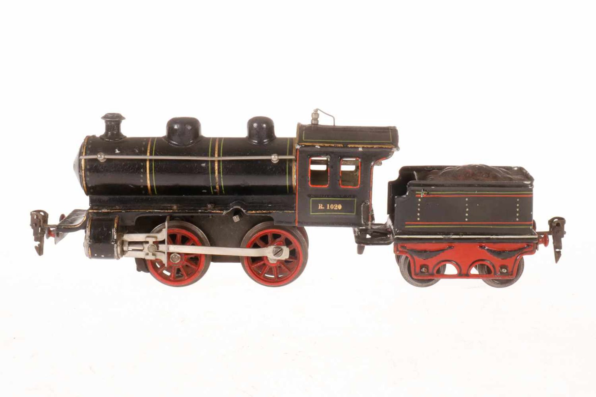 Märklin B-Dampflok R 1020, S 0, Uhrwerk intakt, schwarz, mit Tender, Stirnlampe fehlt, LS tw