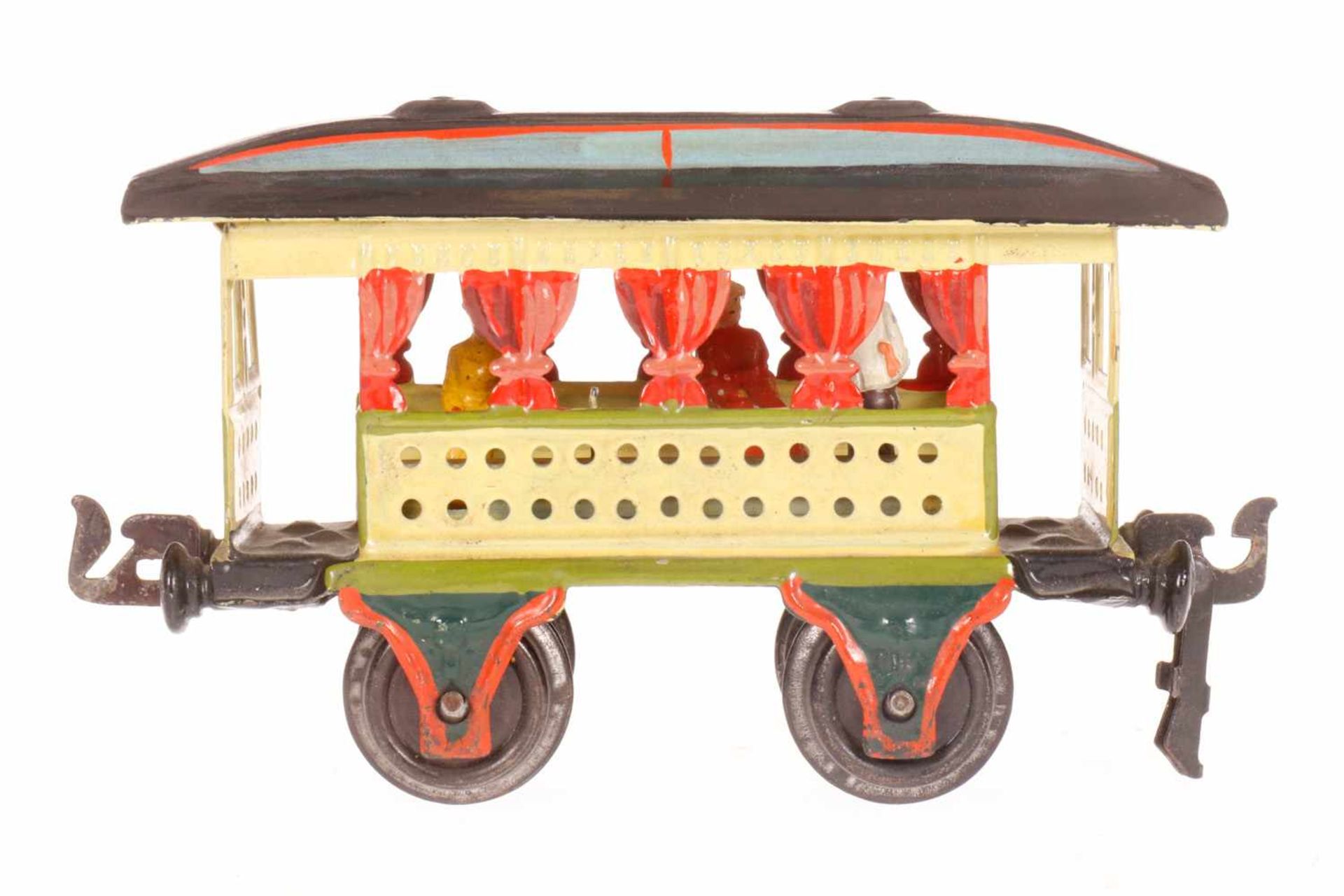 Märklin Sommerwagen 1825, S 0, uralt, HL, mit 2 Sitzbänken und roten Vorhängen, LS und gealterter