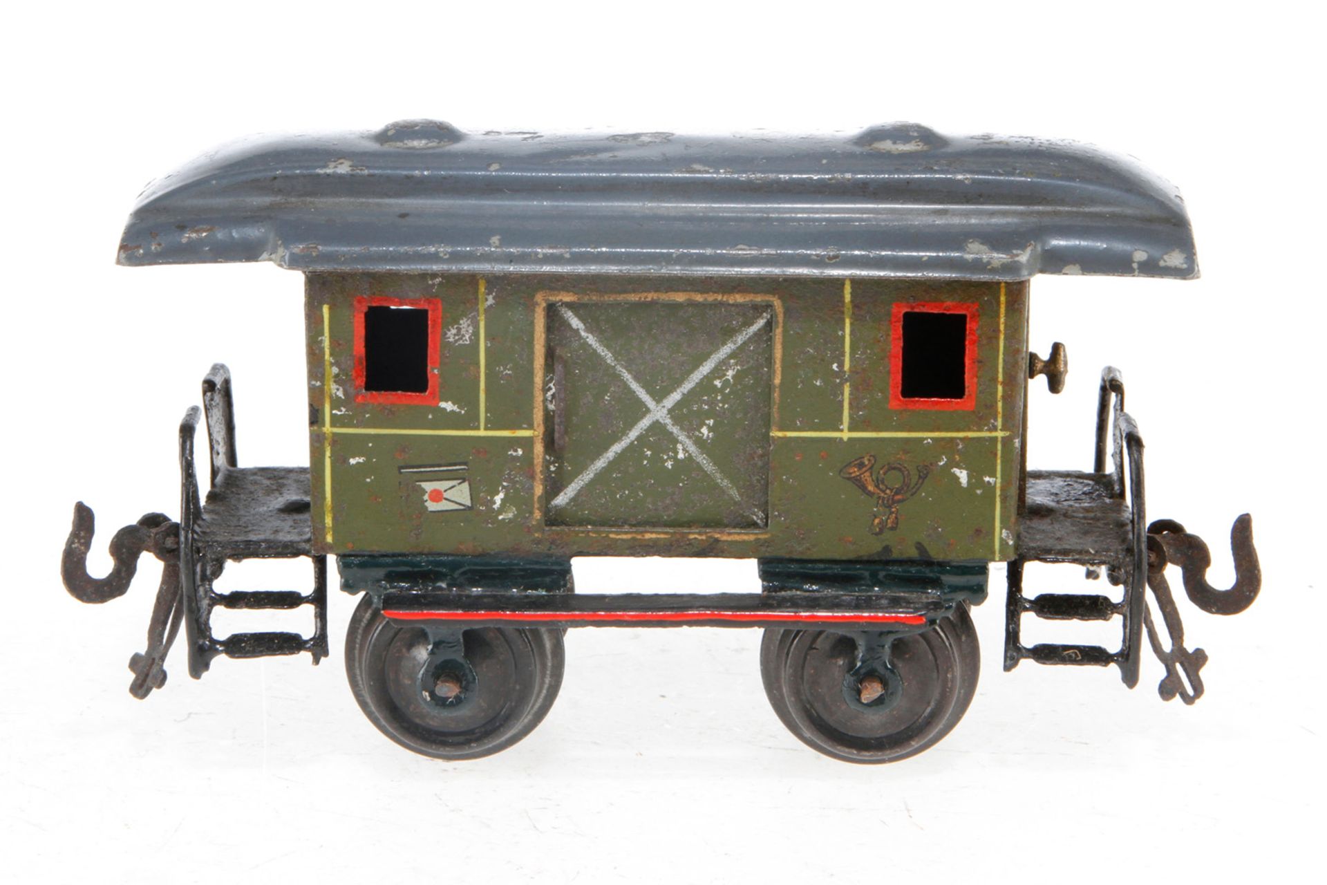 Bing Postwagen, S 0, uralt, HL, mit 1 AT und 2 ST, Schwarzbereiche nachlackiert, LS/RS, L 12, Z 3