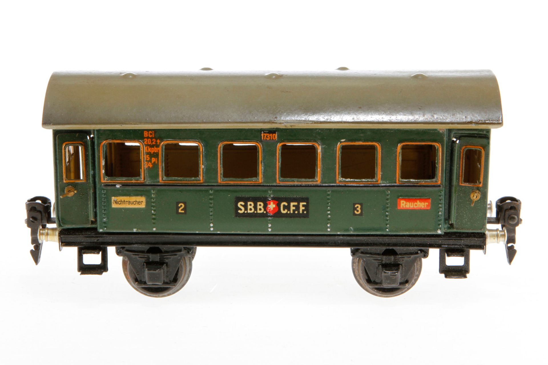 Märklin schweizer Personenwagen 1731, S 0, CL, mit 4 AT, LS und gealterter Lack, L 18,5, Z 2-3