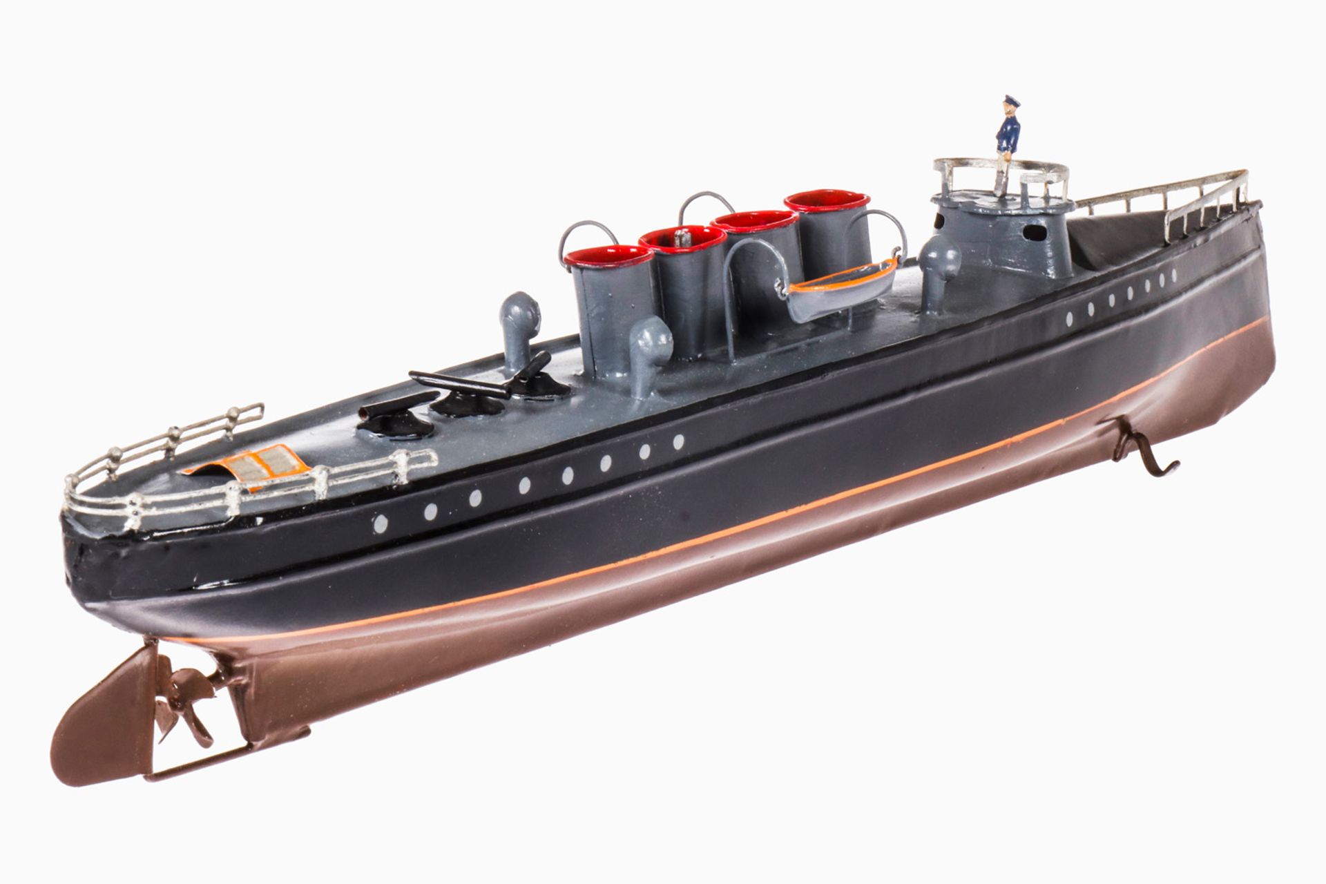 Carette Torpedoboot, uralt, Uhrwerk intakt, mit 3 Lancierrohren und 2 Beibooten, rest. und tw - Bild 2 aus 2