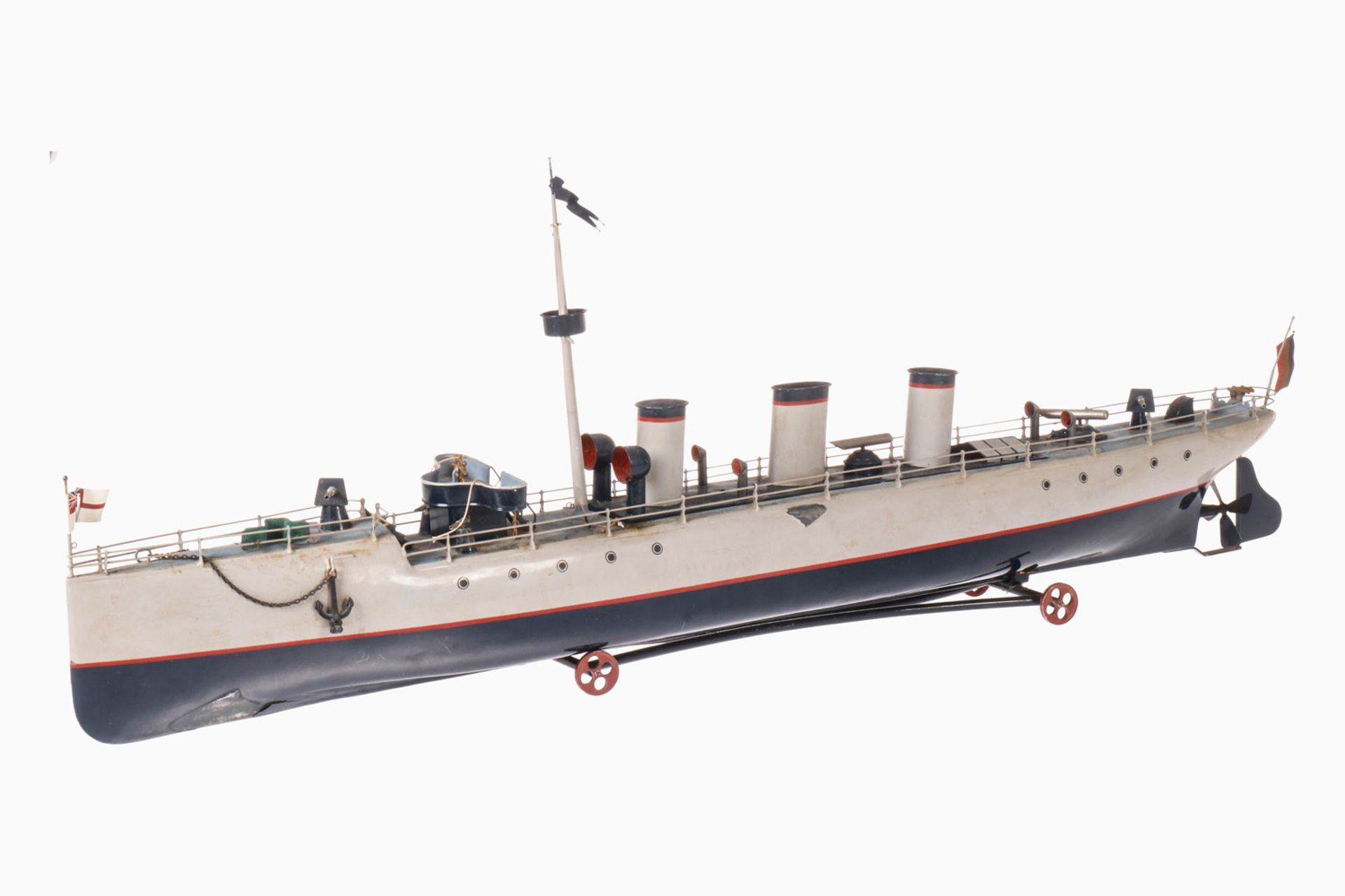 Bing Torpedoboot 155, uralt, Uhrwerk intakt, mit 6 Lancierrohren, farbl. rest. und ergänzt, L 100