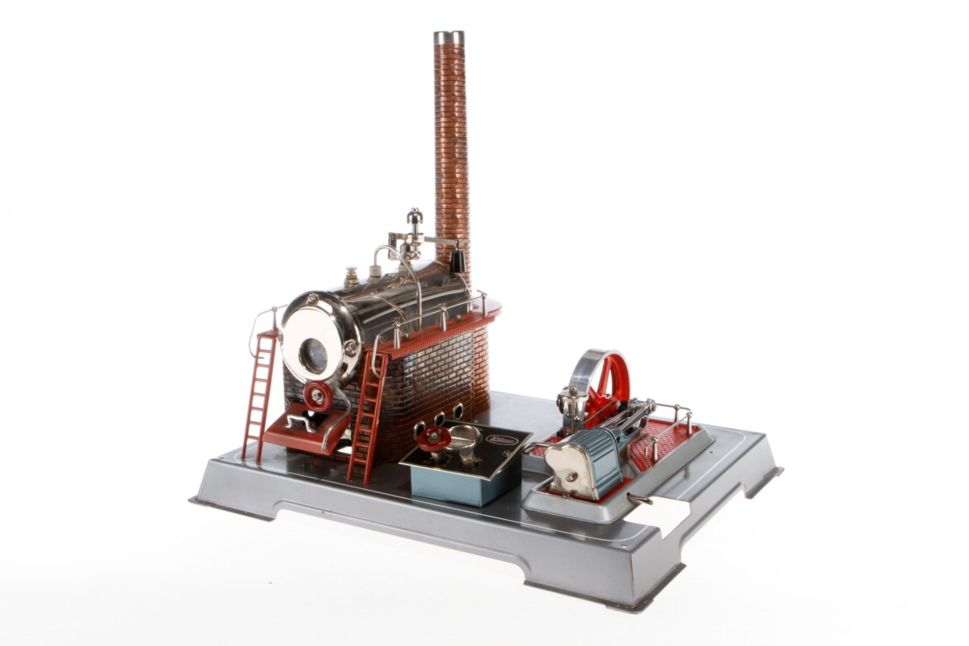 Wilesco Dampfmaschine, liegender Kessel, KD 8,5, mit Brenner, Armaturen, feststehendem Zylinder,