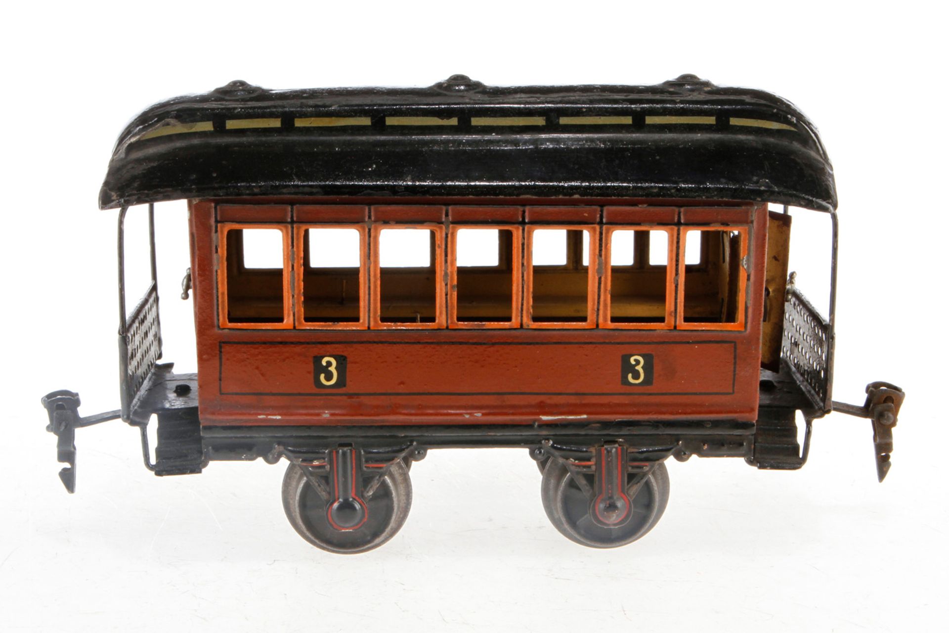 Märklin amerik. Personenwagen 1874, S 1, uralt, HL, mit 2 Sitzbänken und 2 AT, Sitzstifte NV, LS