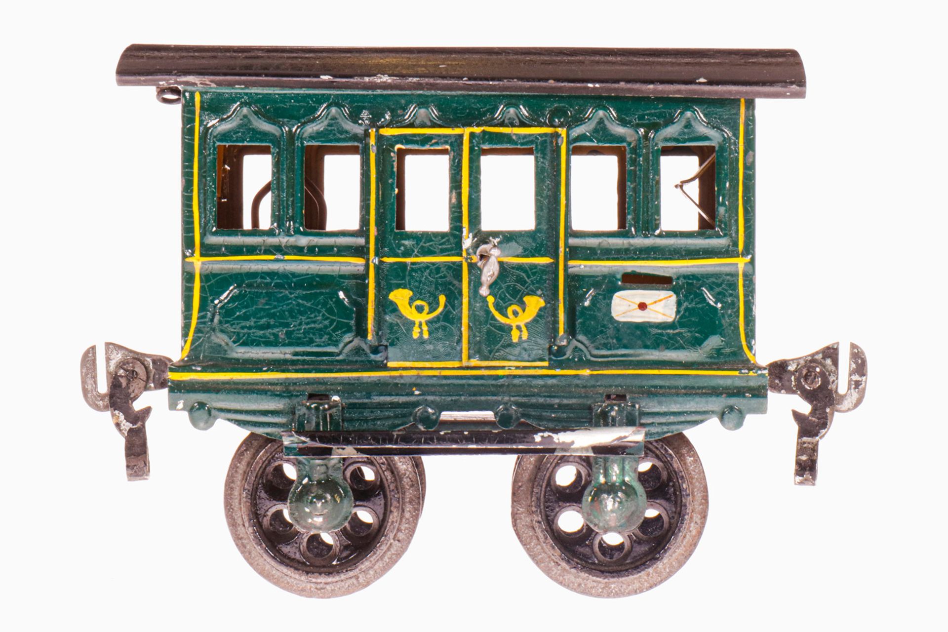 Märklin Postwagen 1802, S 1, uralt, grün HL, mit 2 DT und Gussrädern, gealterter Lack, LS, L 10,5,