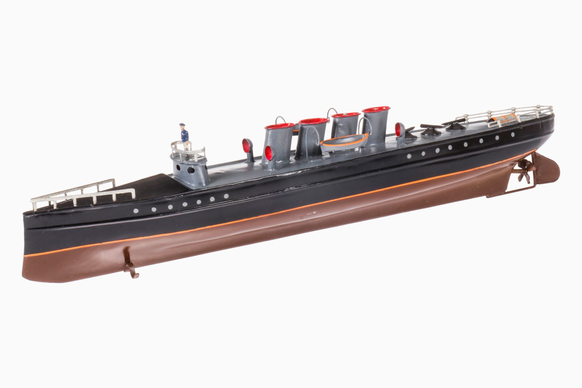Carette Torpedoboot, uralt, Uhrwerk intakt, mit 3 Lancierrohren und 2 Beibooten, rest. und tw