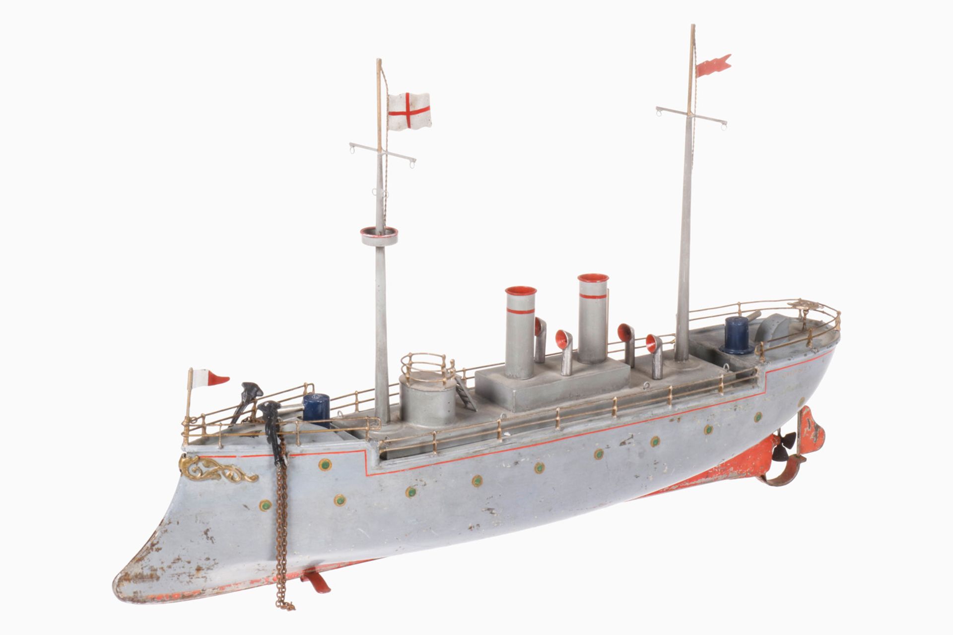 Bing Kanonenboot "Chanzy", uralt, HL, Uhrwerk intakt, mit Geschütztürmen (ergänzt), Deck tw rest.,