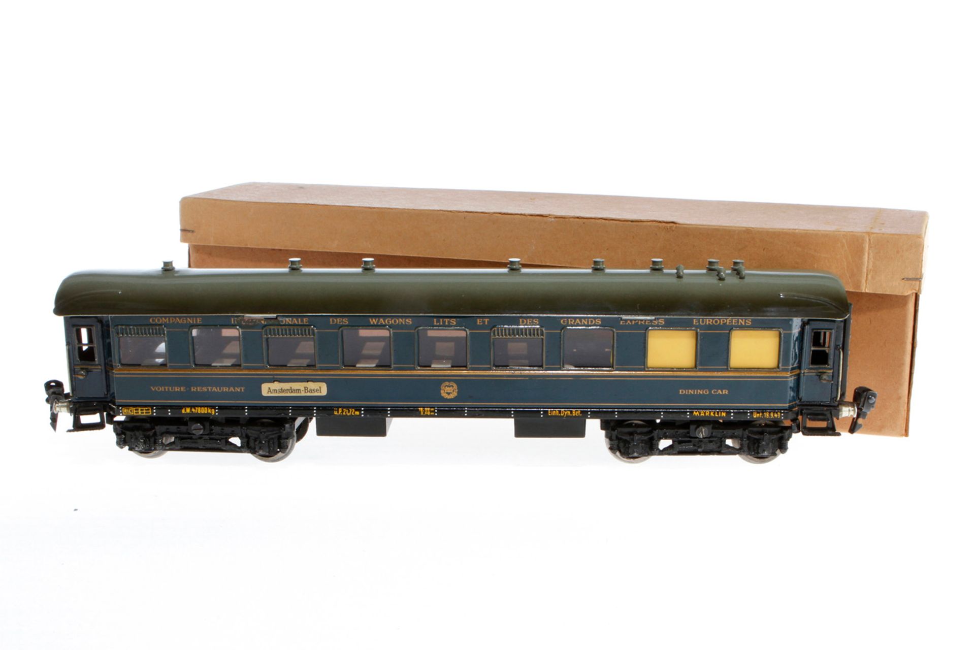 Märklin int. Speisewagen 1942 JG, S 0, blau CL, mit Inneneinrichtung, 4 AT, 2 Schildern und