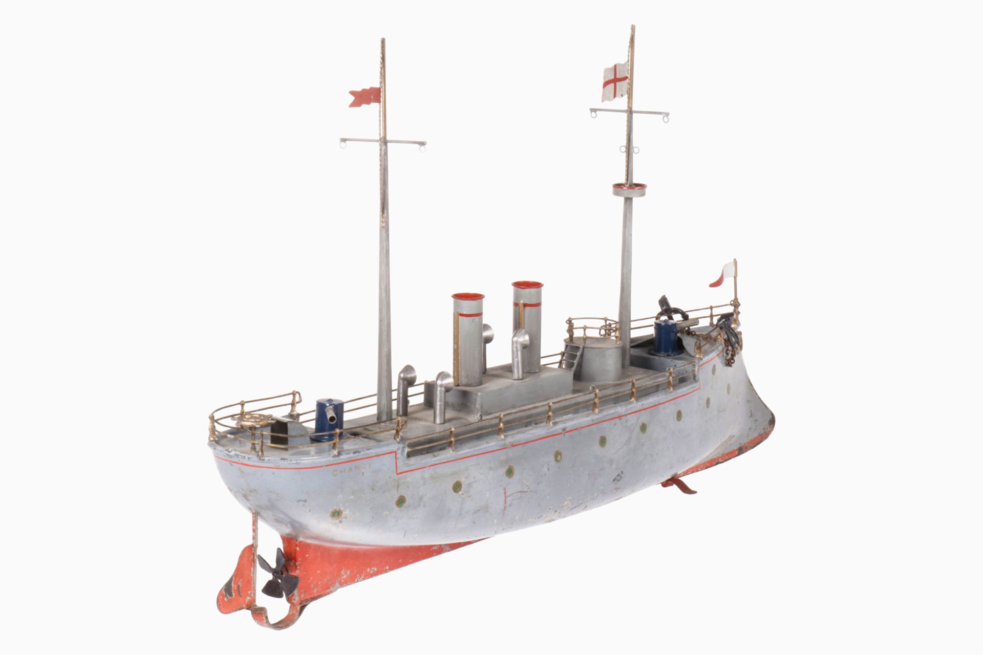 Bing Kanonenboot "Chanzy", uralt, HL, Uhrwerk intakt, mit Geschütztürmen (ergänzt), Deck tw rest., - Bild 3 aus 3