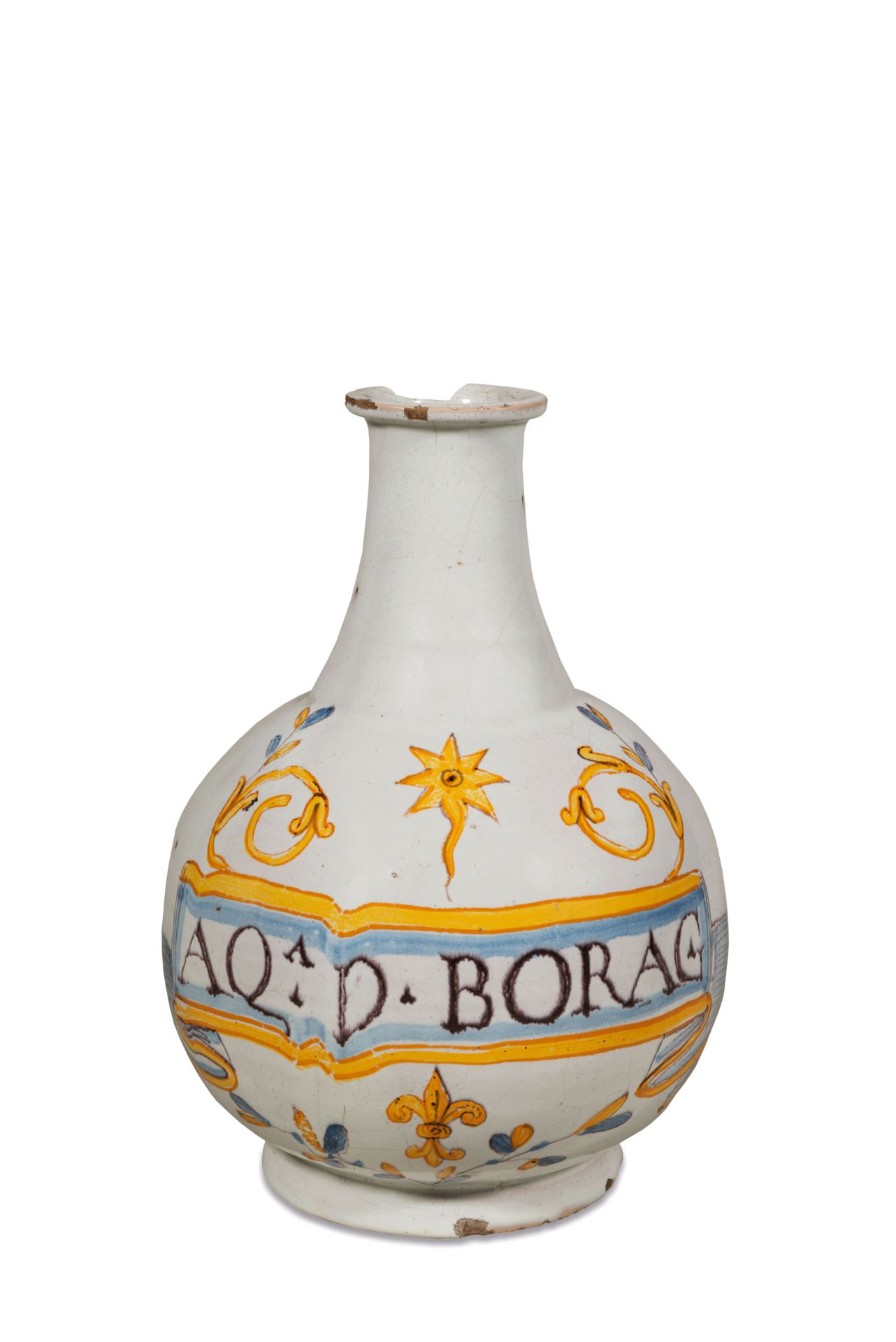 BOTTIGLIA IN MAIOLICA COMPENDIARIA, FORNACE DELL'EMILIA ROMAGNA, CIRCA 1580-1600