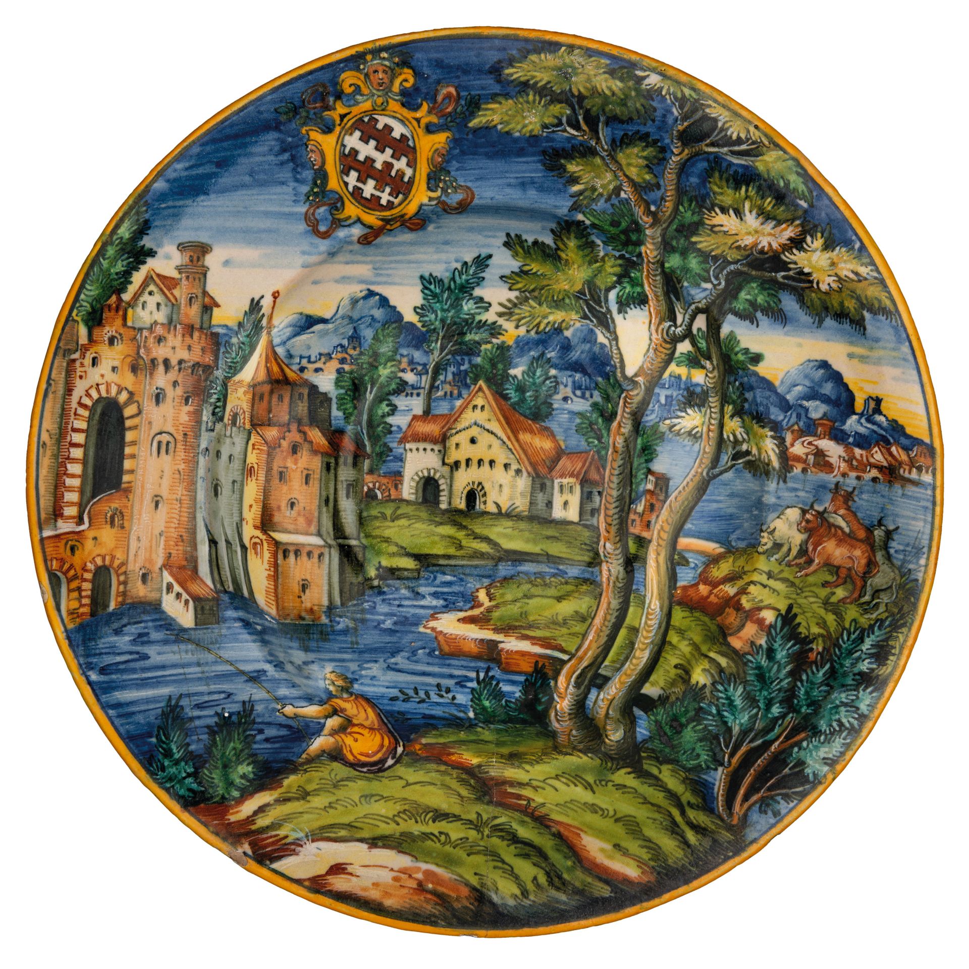 PIATTO IN MAIOLICA POLICROMA, BOTTEGA FONTANA, FORNACE DI URBINO, CIRCA 1560