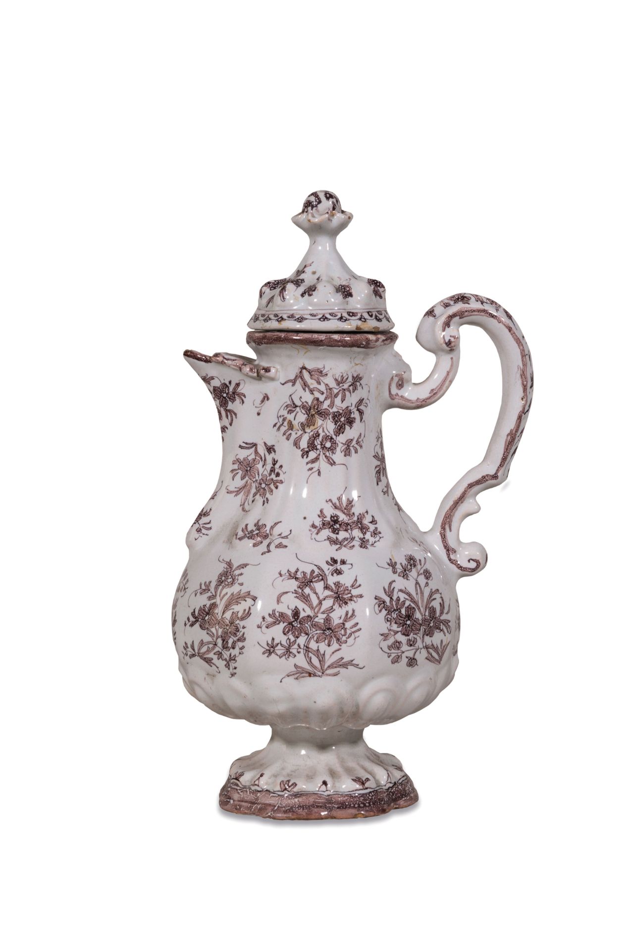 CAFFETTIERA IN MAIOLICA A MONOCROMO MANGANESE, MANIFATTURA FERNIANI, FAENZA, CIRCA 1760-1790