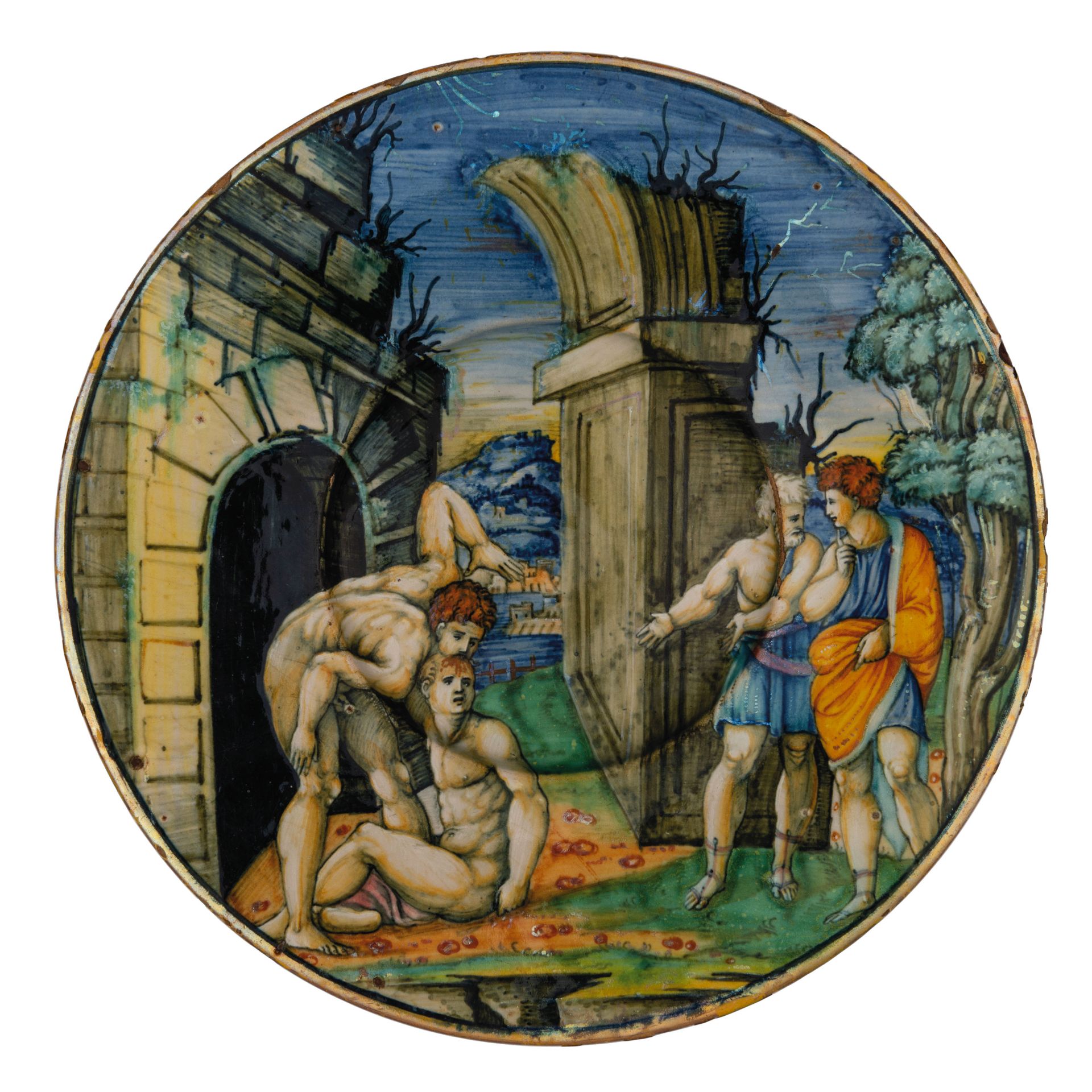 PIATTO IN MAIOLICA POLICROMA, URBINO, PROBABILMENTE IL PITTORE DEL BACILE DI APOLLO, LUSTRATO NELLA