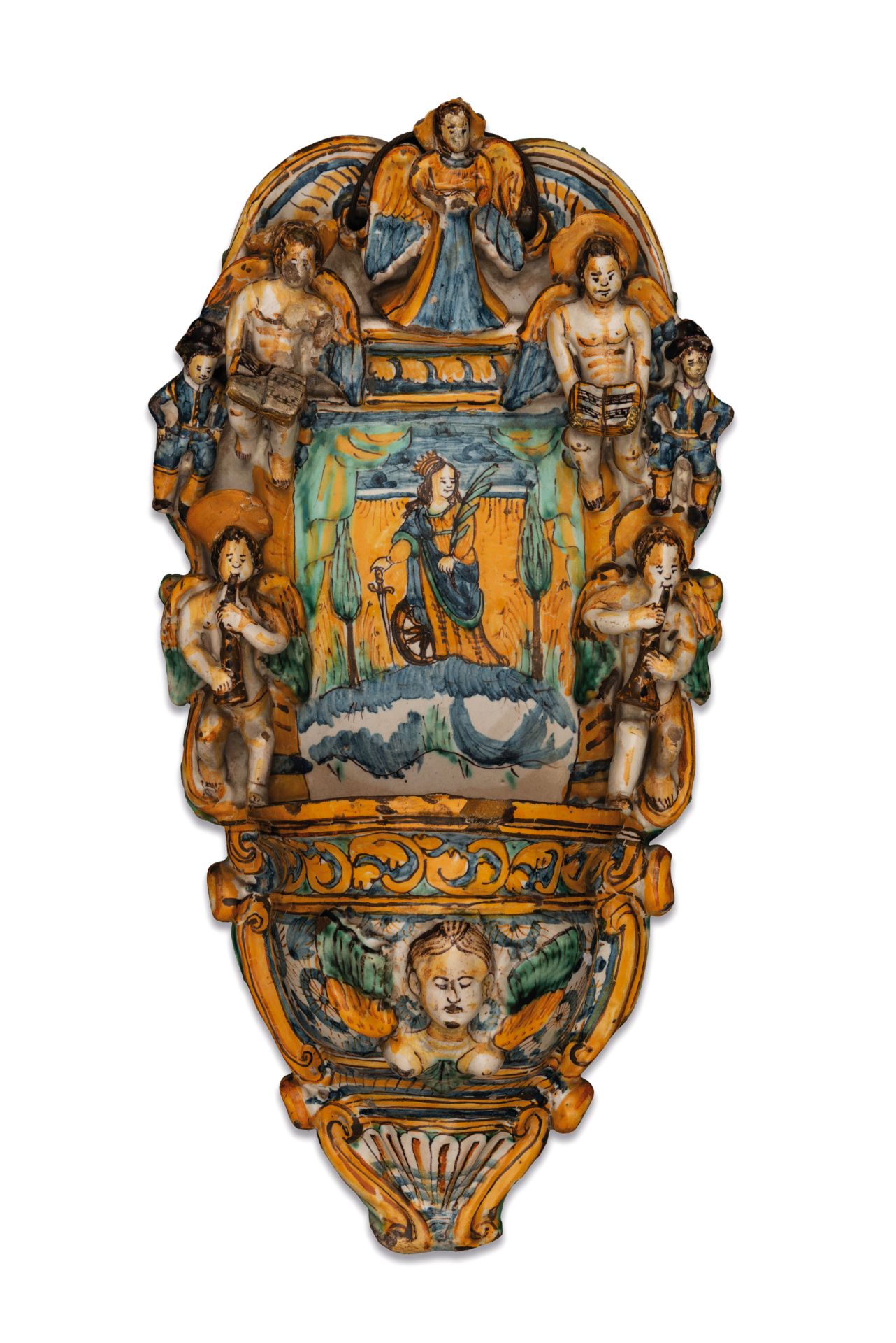 GRANDE ACQUASANTIERA IN MAIOLICA POLICROMA, FORNACE DI DERUTA, CIRCA 1650-1675