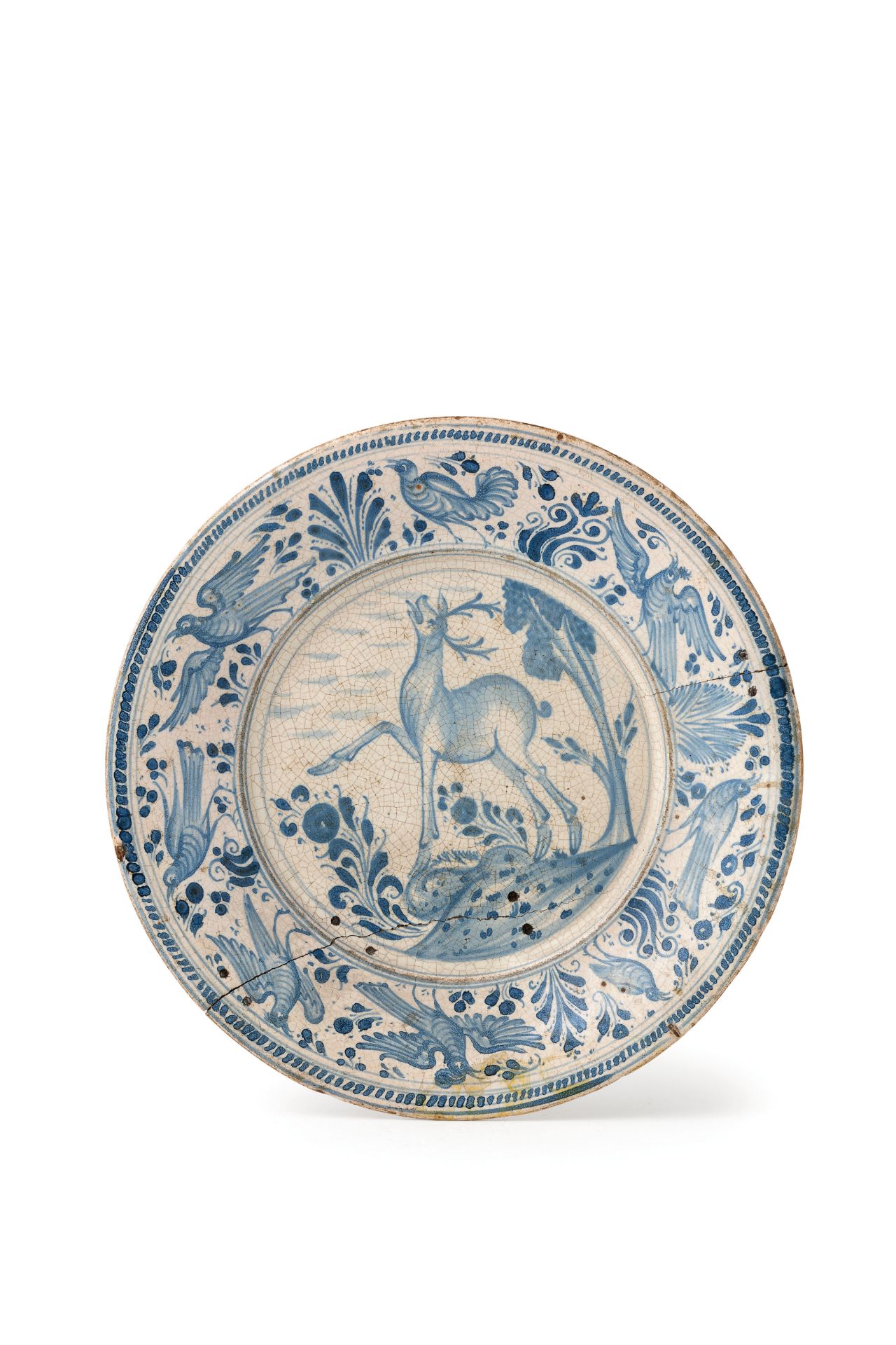 PIATTO IN MAIOLICA BIANCA E BLU, FORNACE MERIDIONALE, XVIII-XIX SECOLO