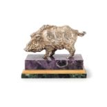 FIGURA DI CINGHIALE IN ARGENTO CON BASE IN RADICE DI AMETISTA, GIALLO ANTICO E VERDE DI GRECIA, XX S