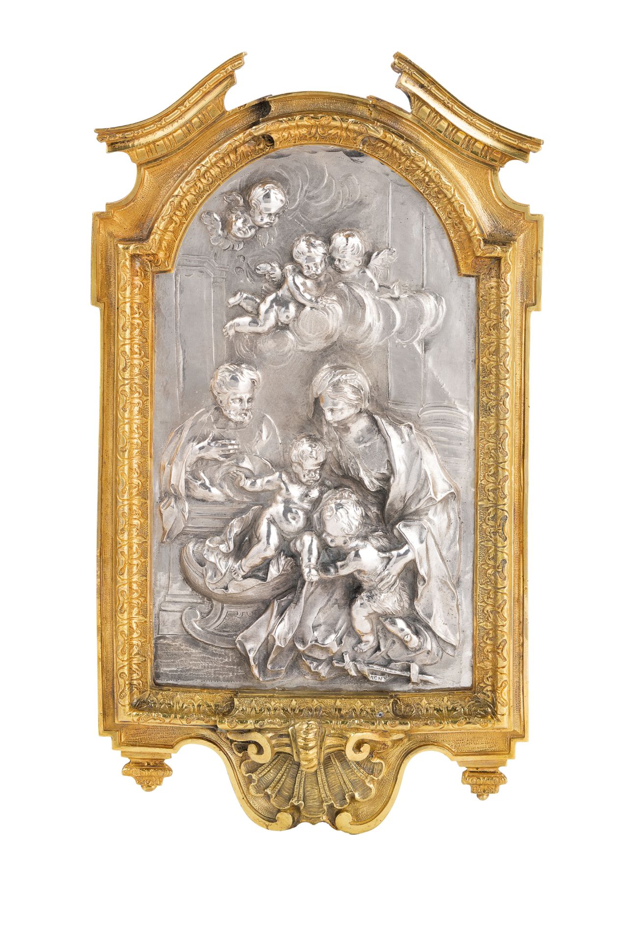 PLACCA IN ARGENTO CON CORNICE IN BRONZO DORATO, ROMA, XVIII SECOLO, ORAFO G. MALTRAVERSI