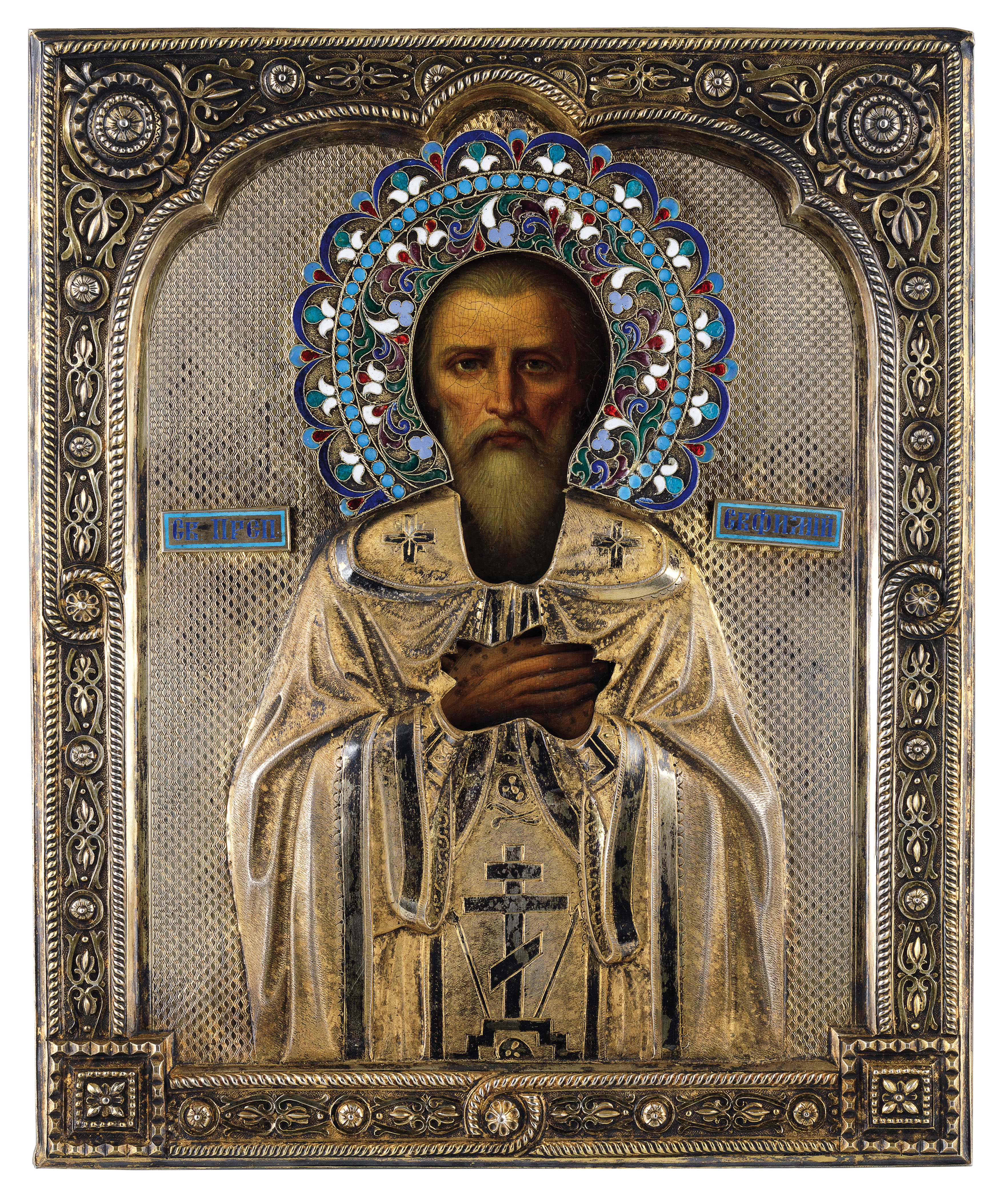 ICONA RAFFIGURANTE SAN EFIMII CON RIZA IN ARGENTO DORATO E SMALTI, MOSCA, 1896-1908