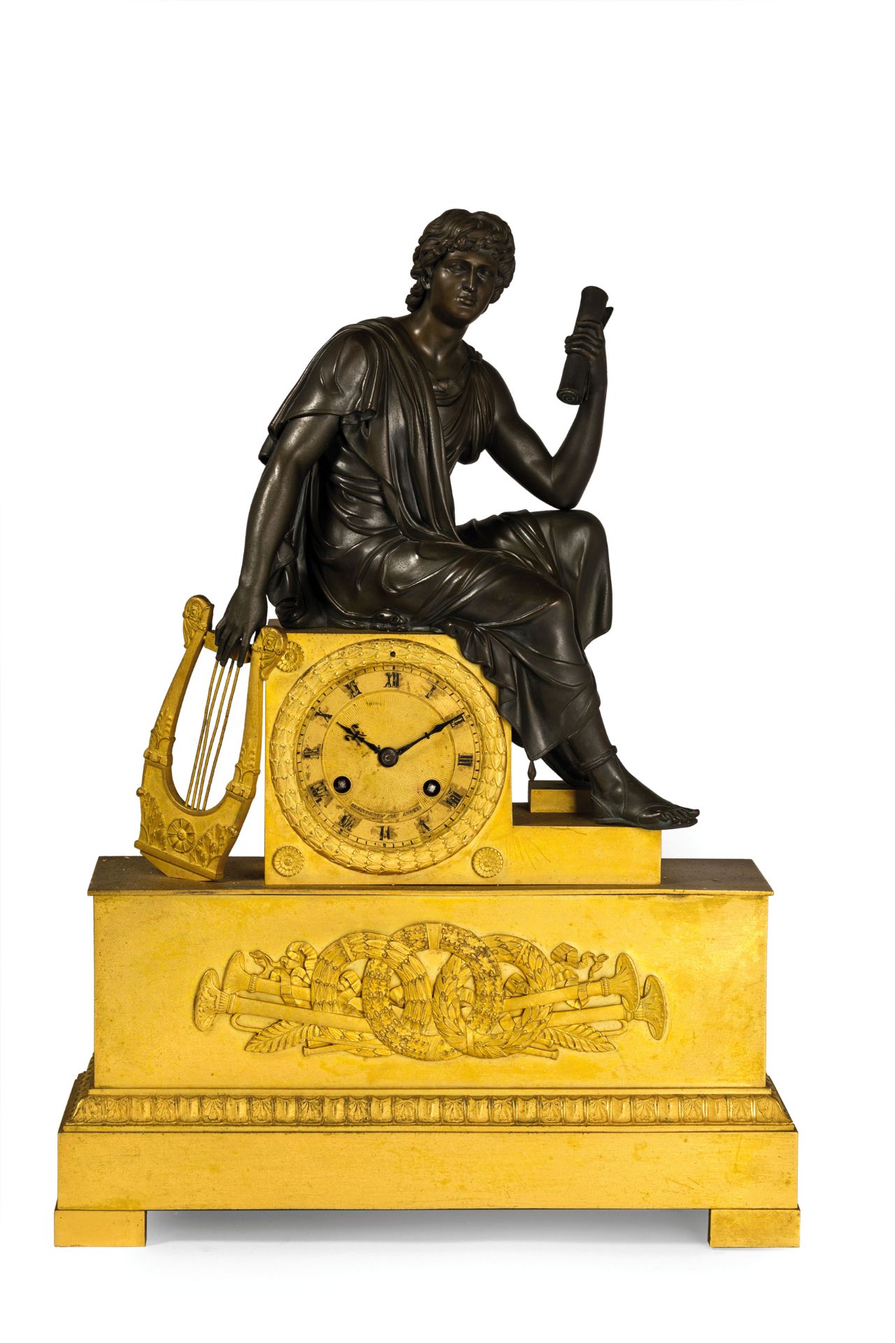 OROLOGIO D'APPOGGIO IN BRONZO DORATO E PATINATO, FRANCIA, 1860 CIRCA