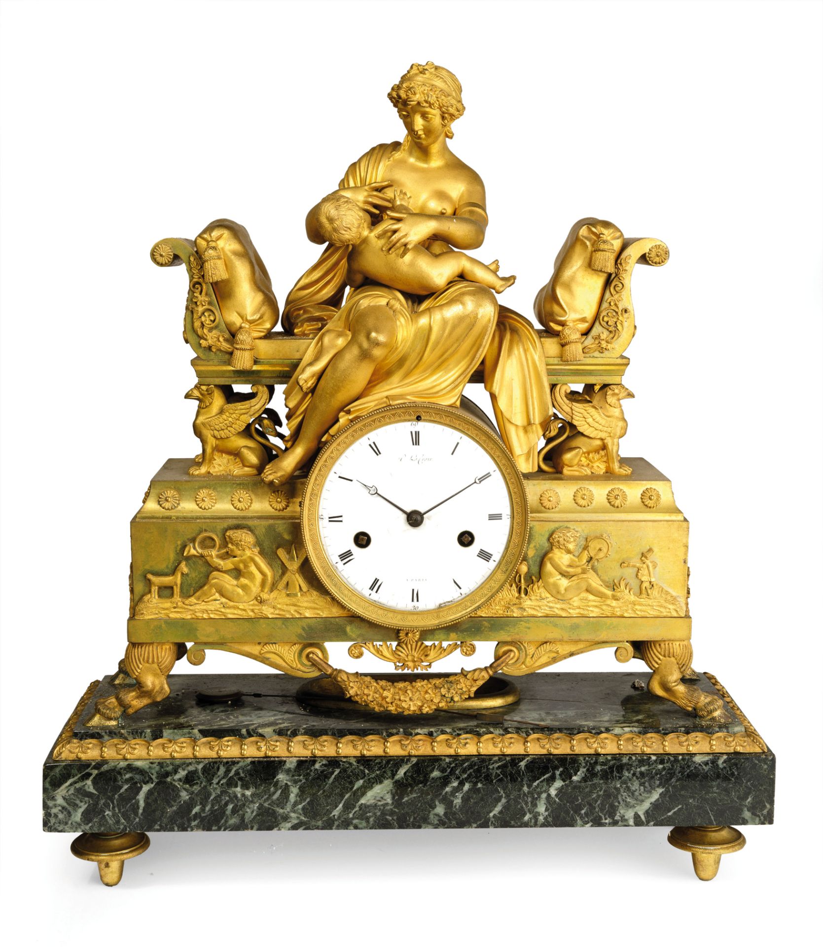 OROLOGIO D'APPOGGIO IN MARMO VERDE E BRONZO DORATO, FRANCIA, 1810 CIRCA