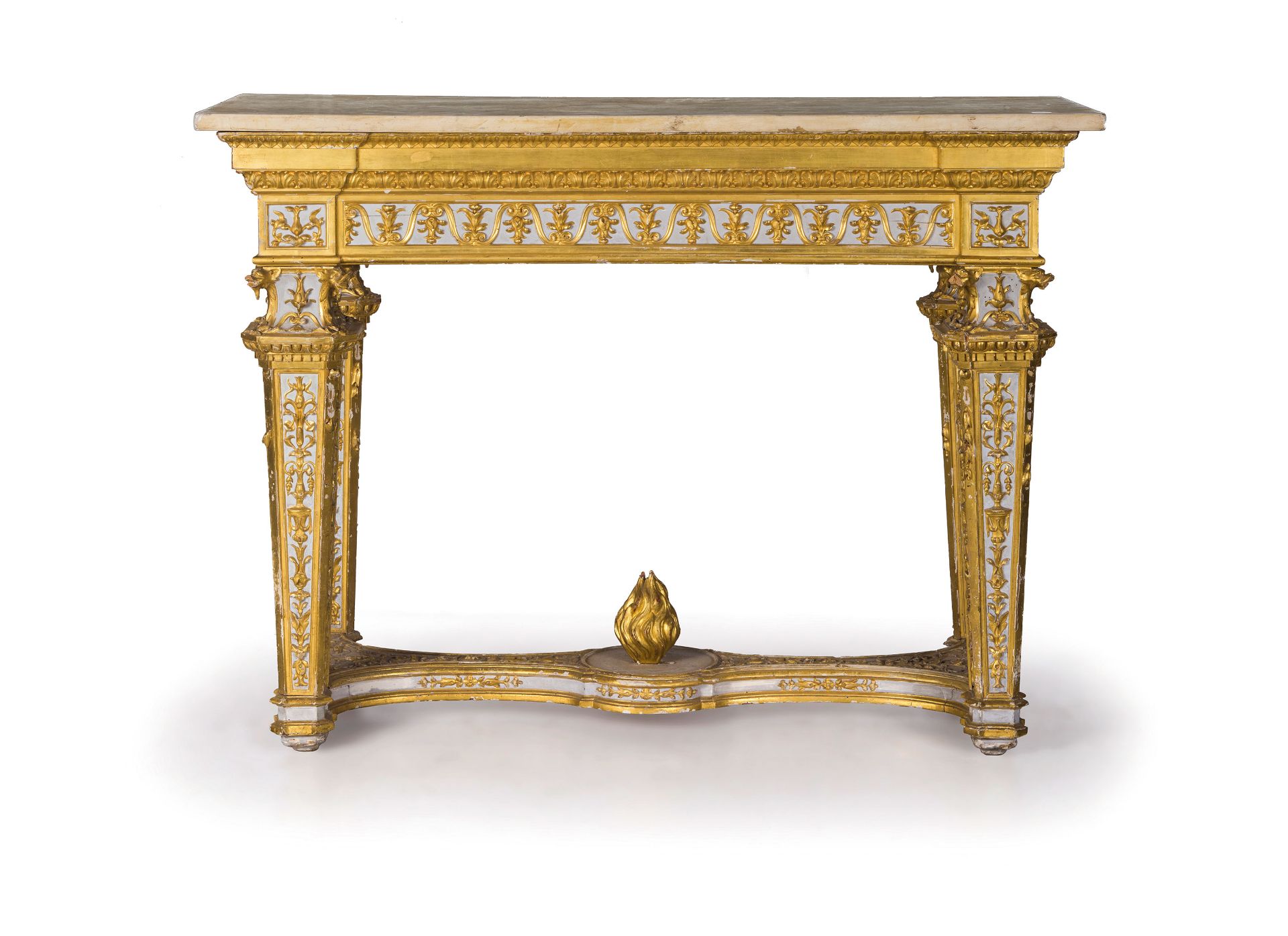 GRANDE CONSOLE IN LEGNO INTAGLIATO, LACCATO E DORATO, XIX SECOLO