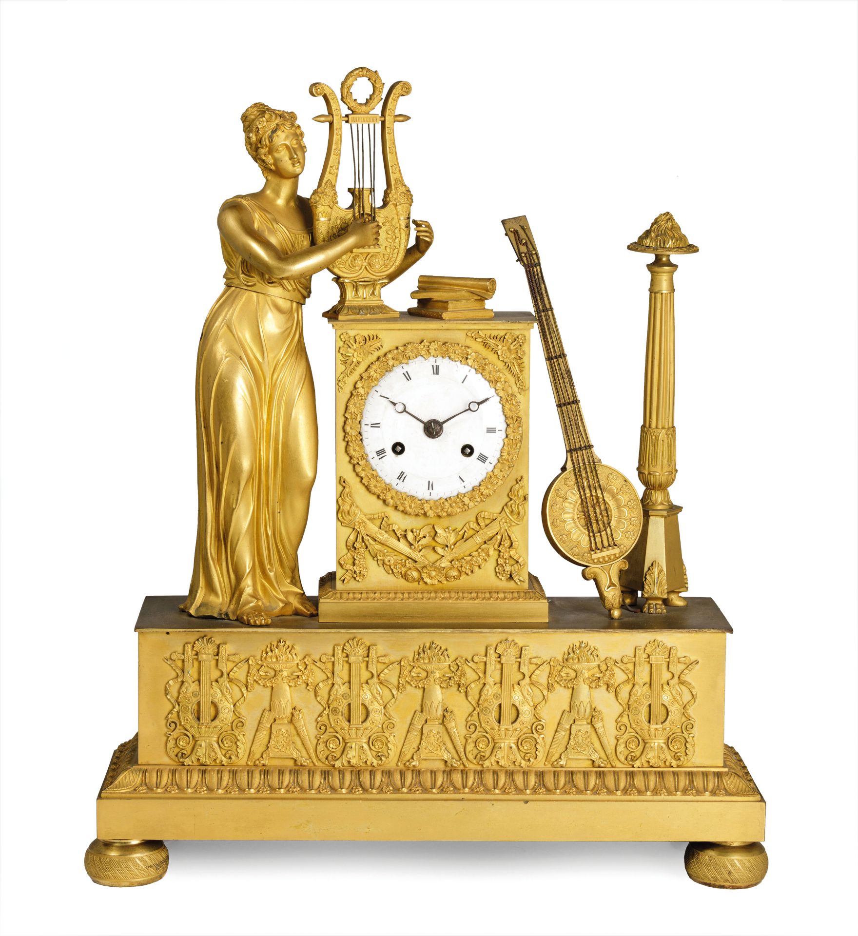 OROLOGIO D'APPOGGIO IN BRONZO DORATO CON ALLEGORIA DELLA MUSICA, FRANCIA, 1840 CIRCA