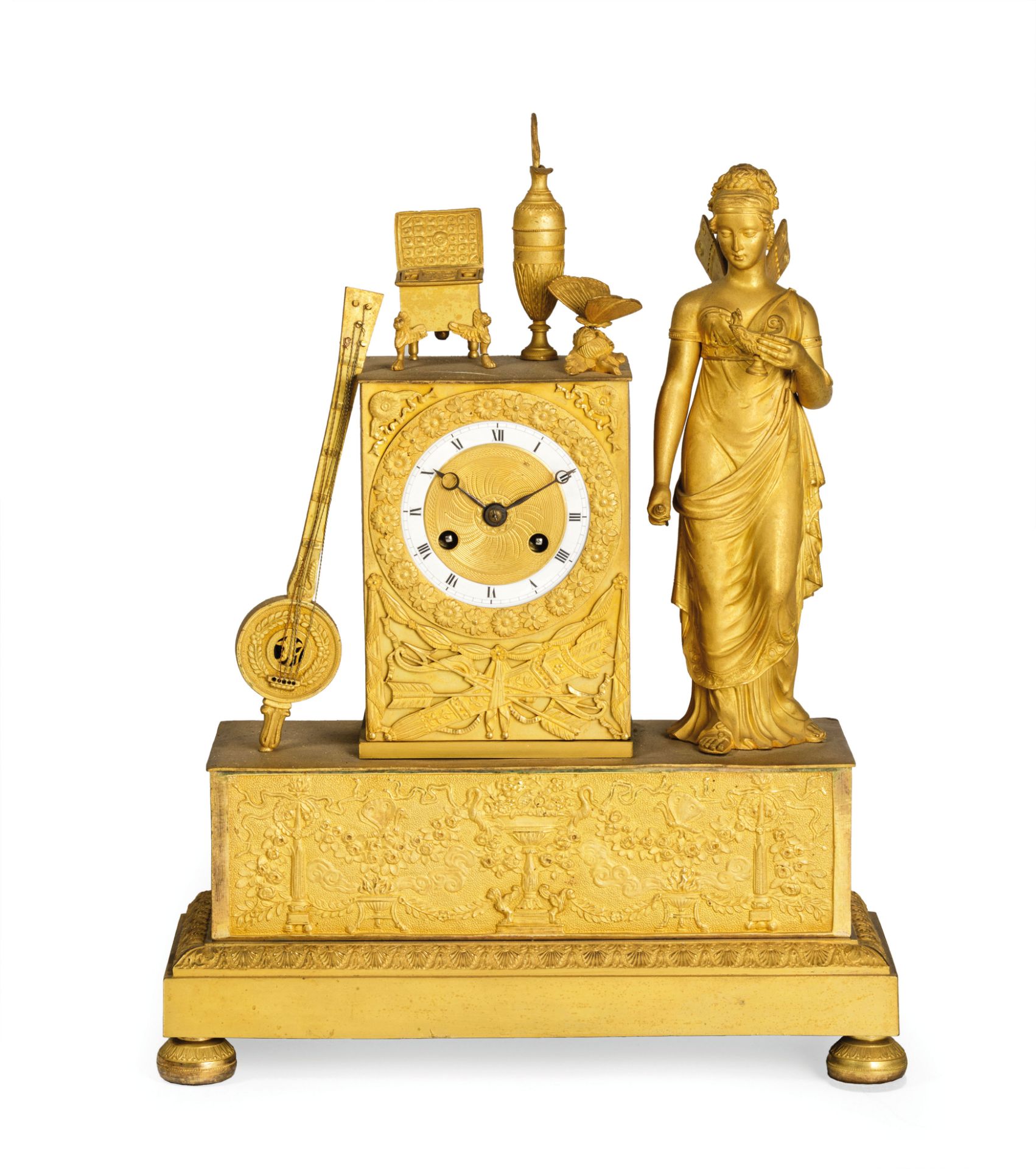 OROLOGIO D'APPOGGIO IN BRONZO DORATO E CESELLATO, FRANCIA, 1830 CIRCA