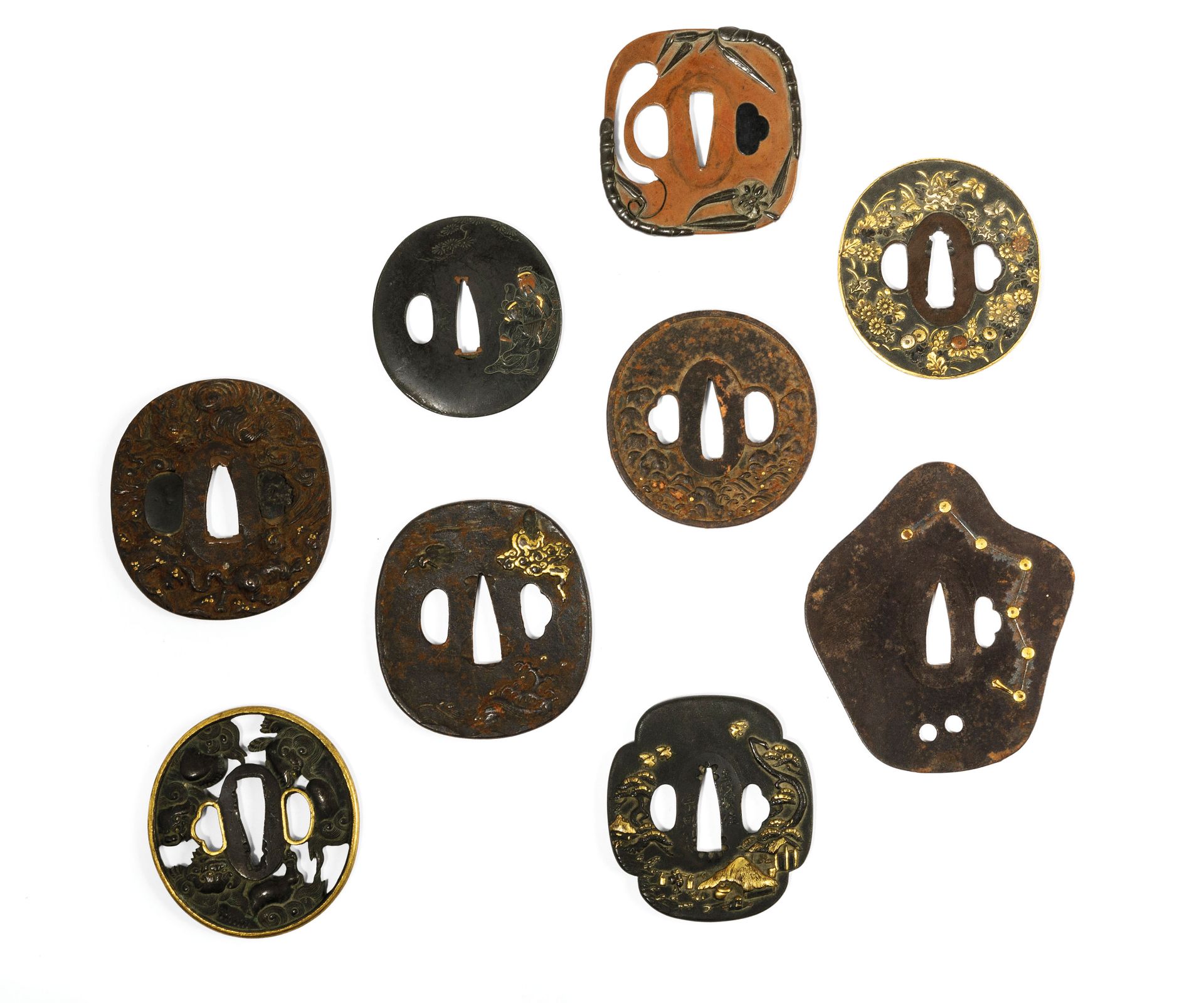 NINE DIFFERENT SHAPED TSUBA, JAPAN, LATE 19TH CENTURY (9)