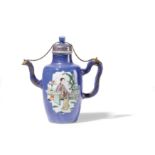 A RARE FAMILLE VERTE PORCELAIN POWDER-BLUE-GROUND OVAL-SHAPED EWER AND COVER, CHINA, KANGXI PERIOD