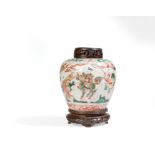 A WUCAI PORCELAIN JAR AND WOOD COVER, CHINA, QING DYNASTY, EARLY KANGXI PERIOD