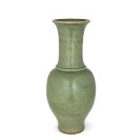 A LARGE CARVED LONGQUAN CELADON YENYEN VASE, CHINA, EARLY MING DYNASTY (1368-1644)