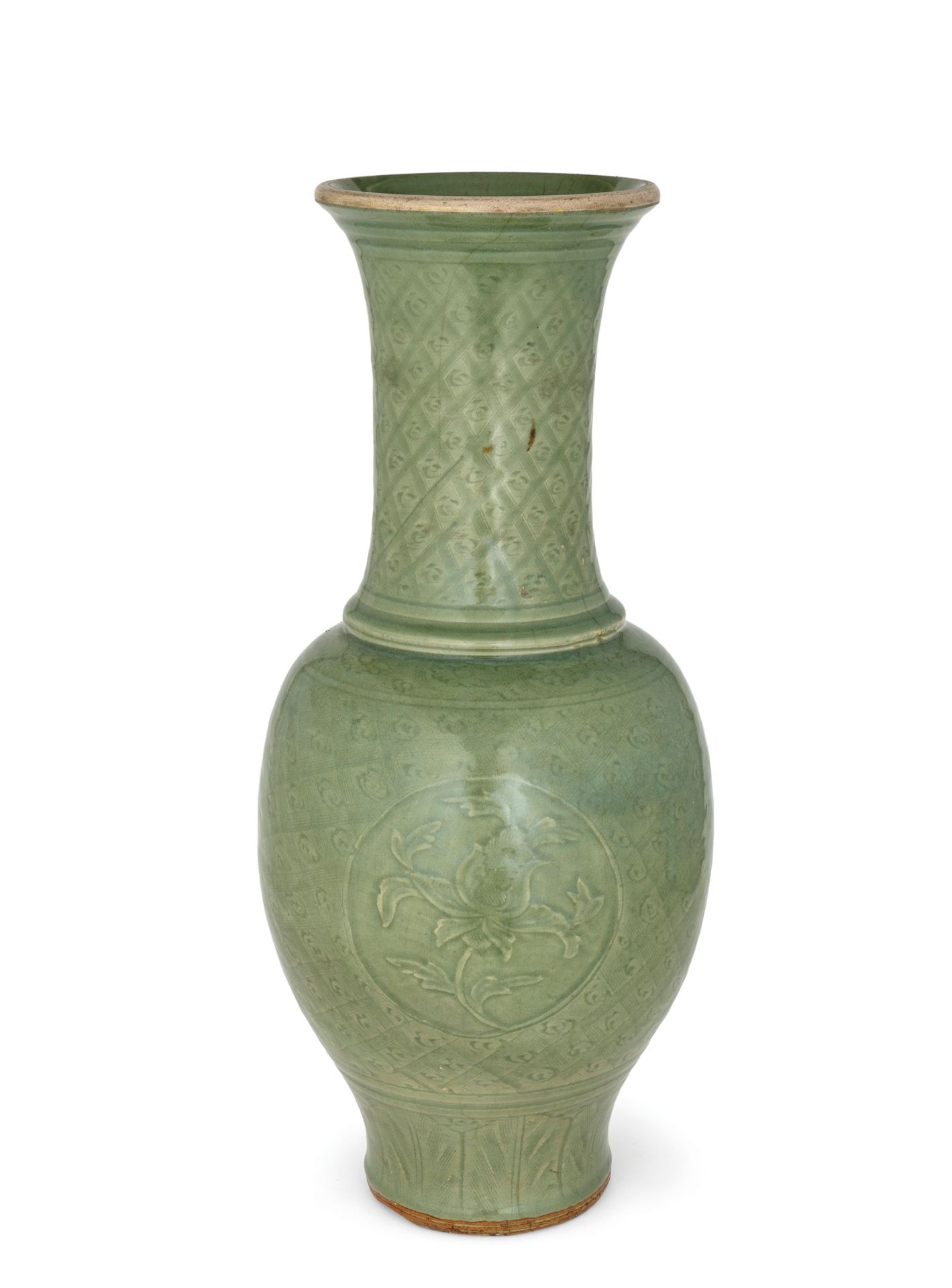 A LARGE CARVED LONGQUAN CELADON YENYEN VASE, CHINA, EARLY MING DYNASTY (1368-1644)