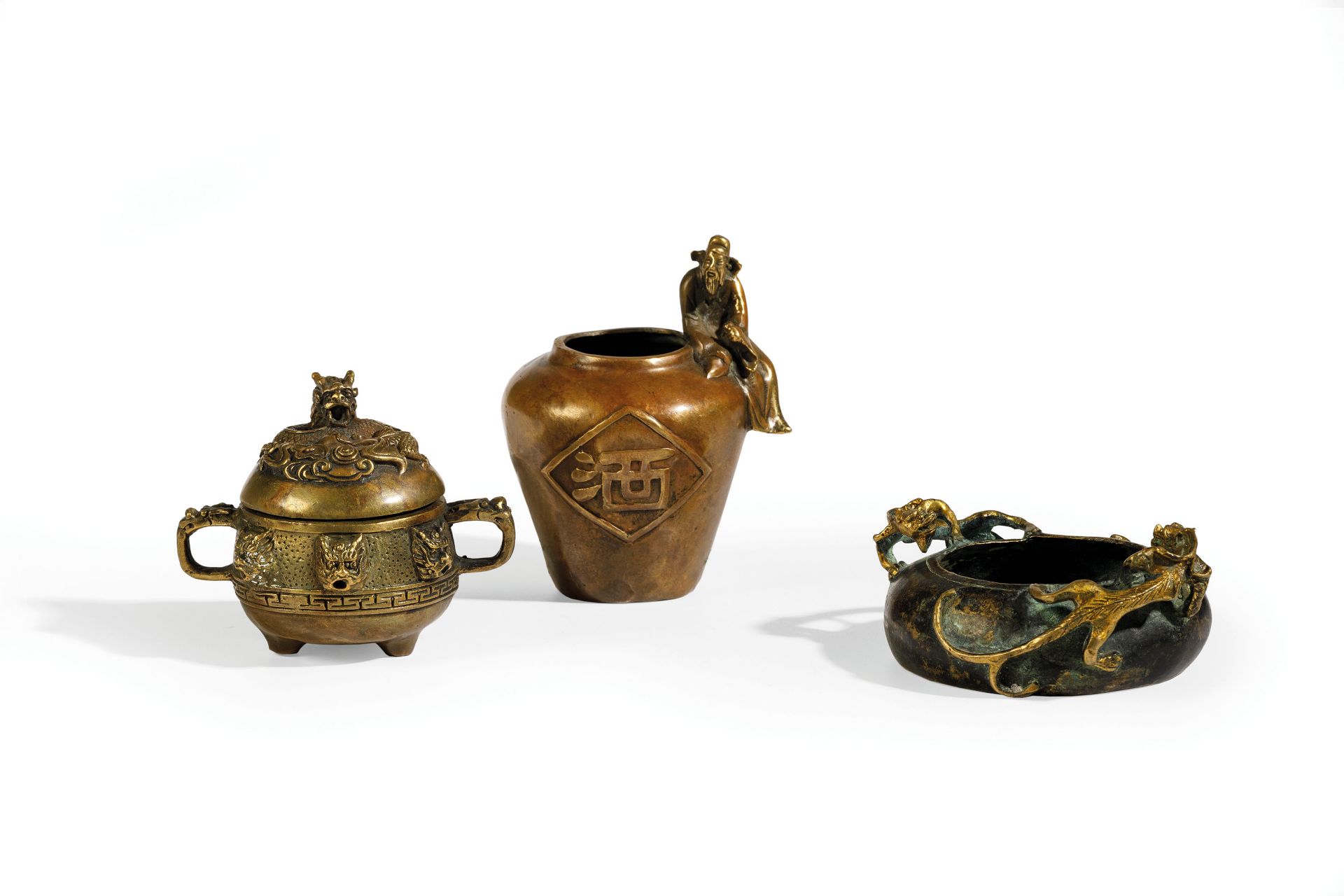 TWO BRONZE CENSERS AND A BRONZE VASE, CHINA, 18TH-19TH CENTURY, APOCRYPHAL XUANDE MARKS (3)