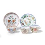 A FAMILLE ROSE PORCELAIN CUP AND SAUCER AND TWO FAMILLE VERTE PORCELAIN CUPS AND SAUCER, CHINA,