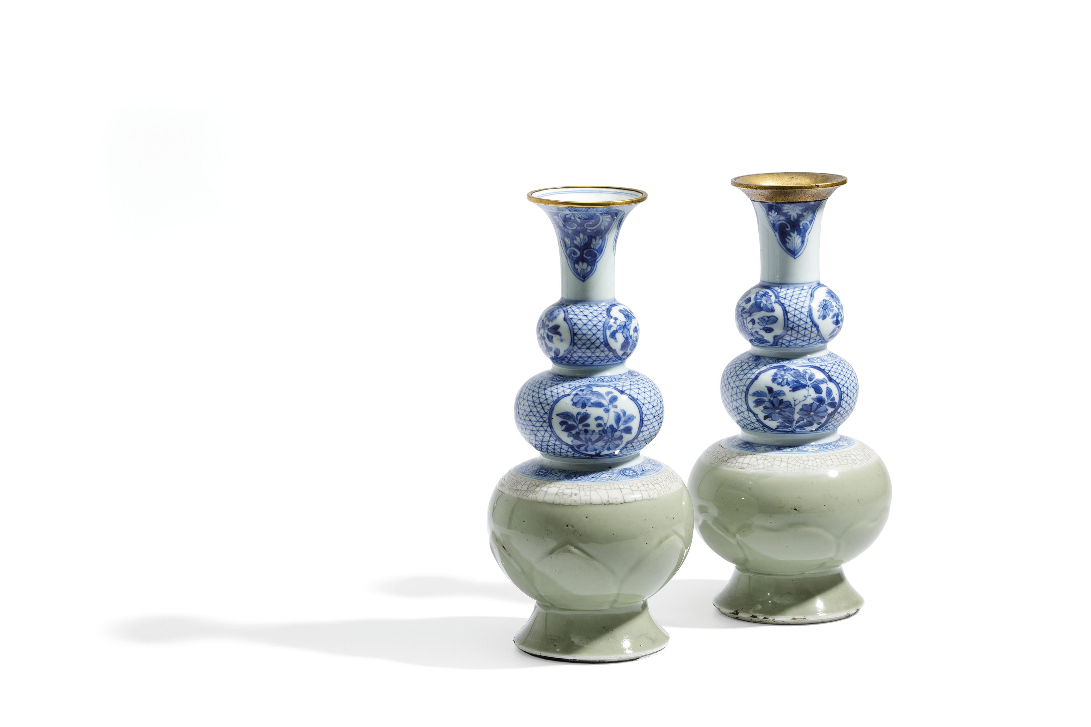 A CLOSE PAIR OF CELADON, BLUE AND WHITE TRIPLE GOURDE VASES (2) - Image 2 of 3