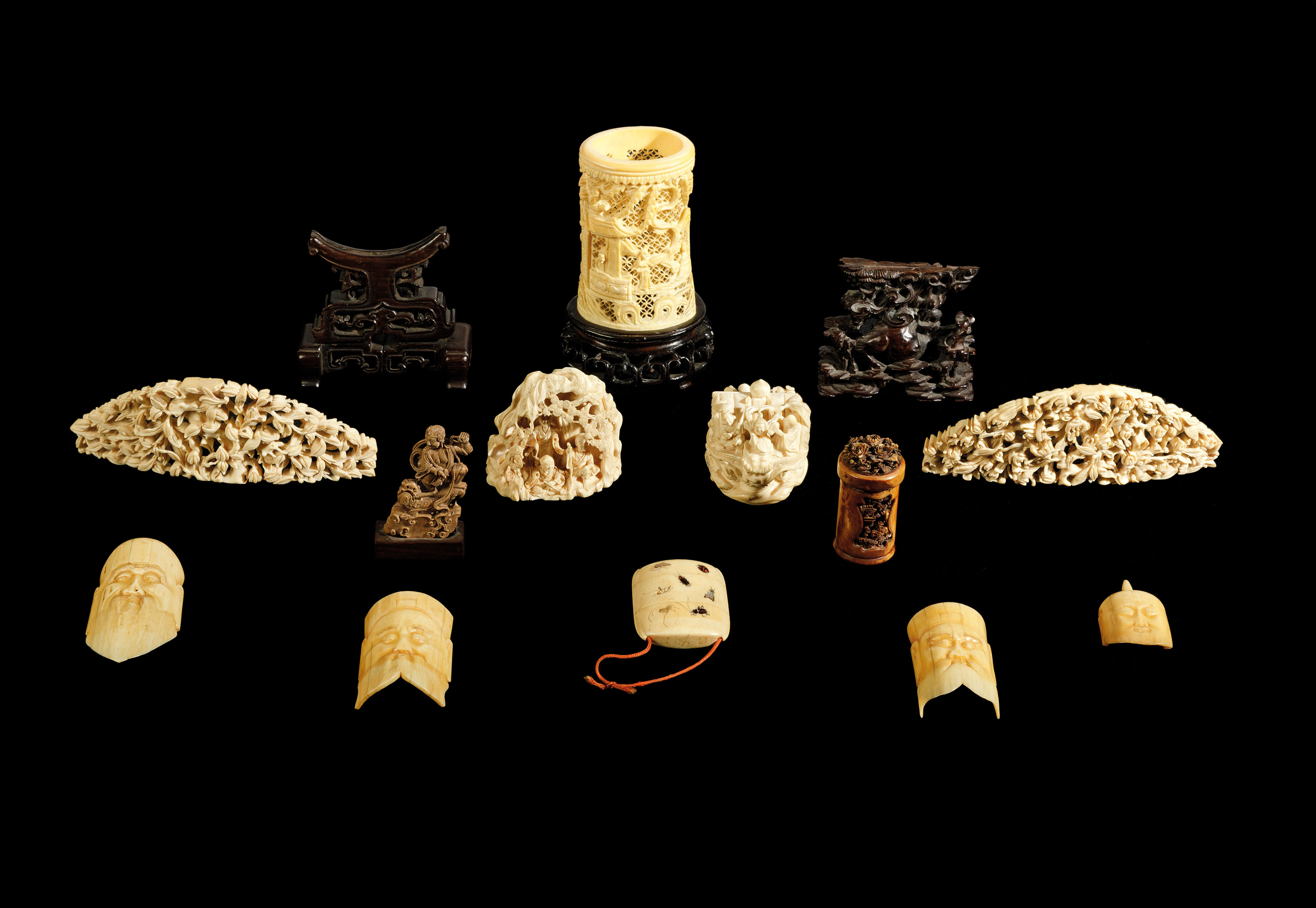 TWELVE IVORY OBJECTS TOGETHER WITH TWO WOOD STANDS, CHINA, PERIOD 18TH-19TH CENTURY (14)