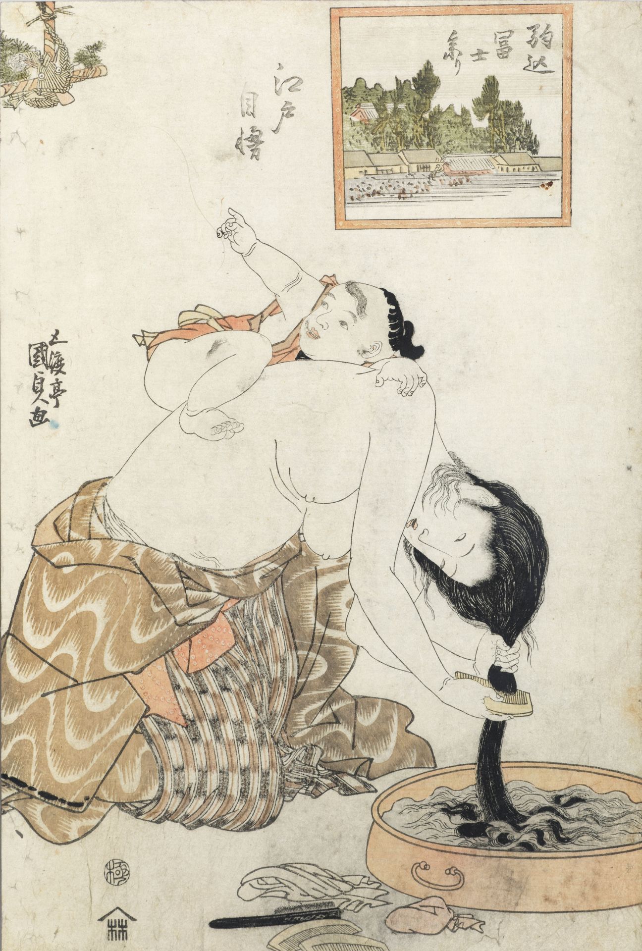 FIVE FRAMED WOODBLOCK PRINTS SIGNED KITAGAWA UTAMARO (1753-1806) E ICHIRA KUTEI EISUI - Image 3 of 5