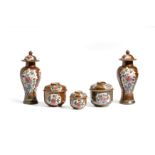 THREE FAMILLE ROSE AND CAFÉ-AU-LAIT PORCELAIN BOXES AND COVERS AND TWO SMALL VASES AND COVERS, CHINA